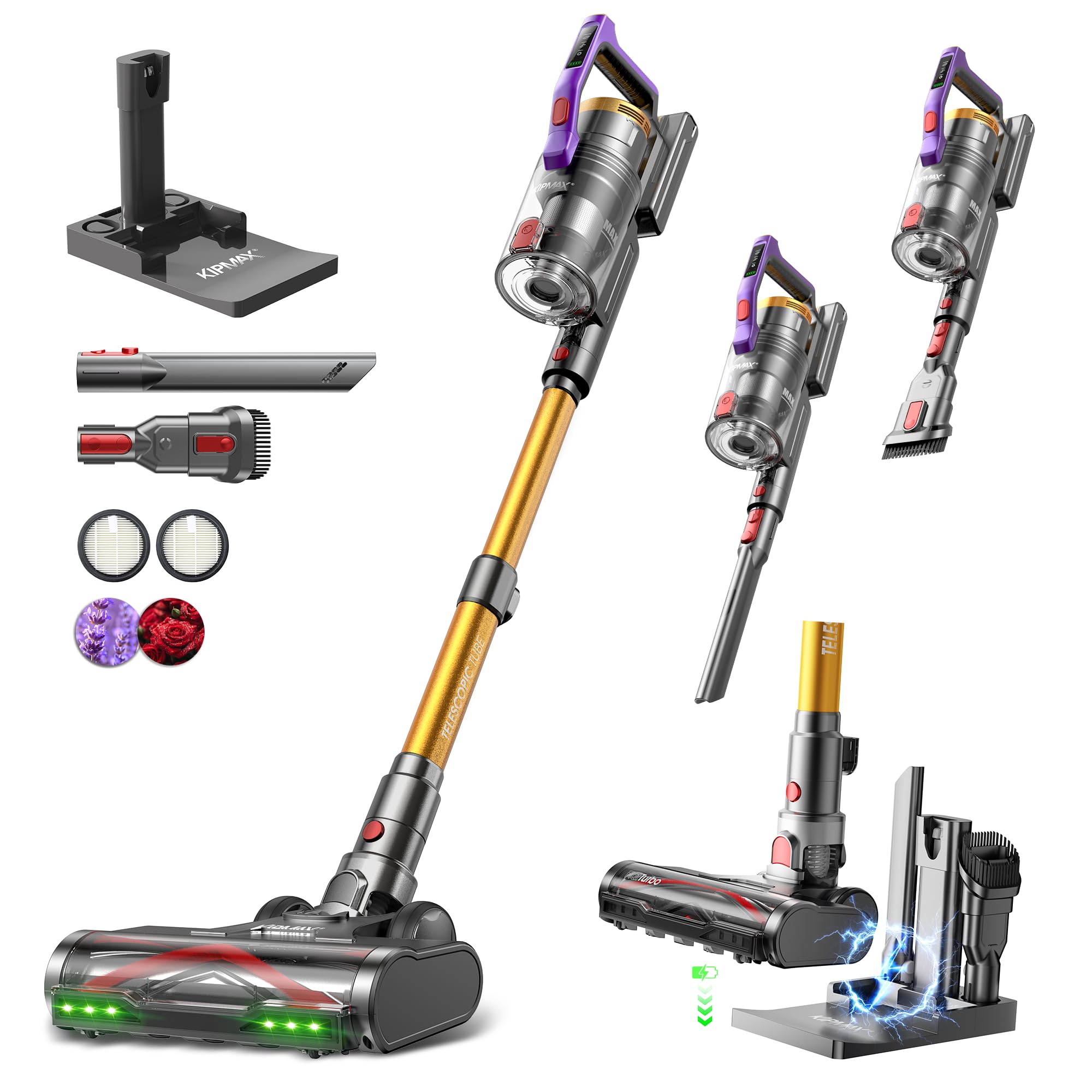 KIPMAX Cordless Vacuum Cleaner,Upgraded 550W/50KPA/70Mins/With No-Drill Charging Station Cordless Stick Vacuum Cleaner,LED Display&amp;Aromatherapy Vacuum Cleaners for Home Pet Hair,for Hard Floor,Carpet