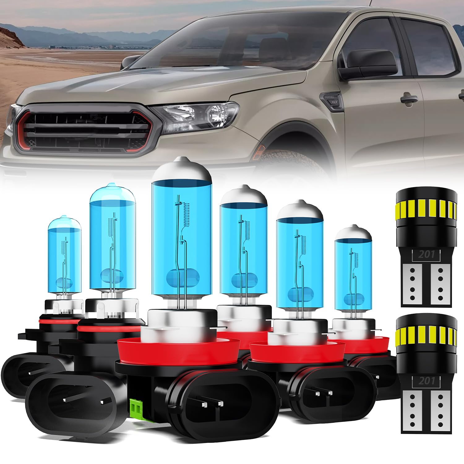 Headlight Bulbs License Plate Lights Fit For Ford Ranger 2021-2022, 9005 High Beam + H11 Low Beam + H11 Fog Lights Halogen Light Bulb + License Plate Lights, Pack of 8