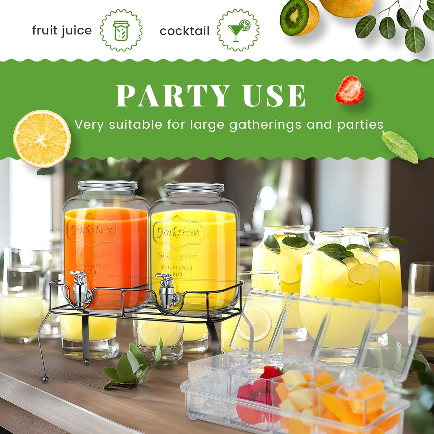 Glass Drink Dispenser for Party Set of 2-1 Gallon, 2 Pcs Ice Chilled Condiment Caddy with Lid and Spoon Halloween Drink Dispenser with Stand and Spigot for Summer Wedding Party Bar Supplies