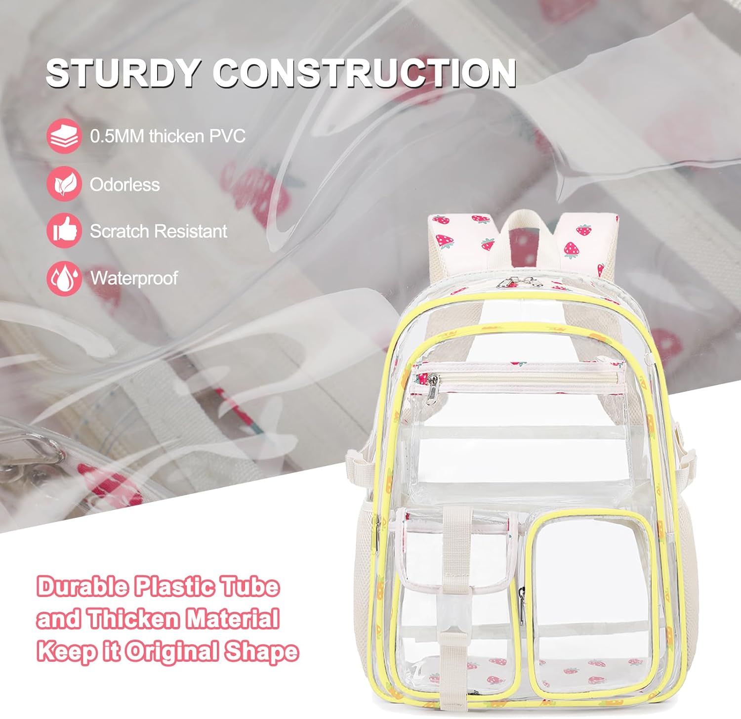 Scothen Clear Backpack for Girls, 3PCS PVC Transparent Girls School Bookbag Heavy Duty Stadium Approved, See Through Backpack Schoolbag for Kindergarten Elementary Middle School Travel
