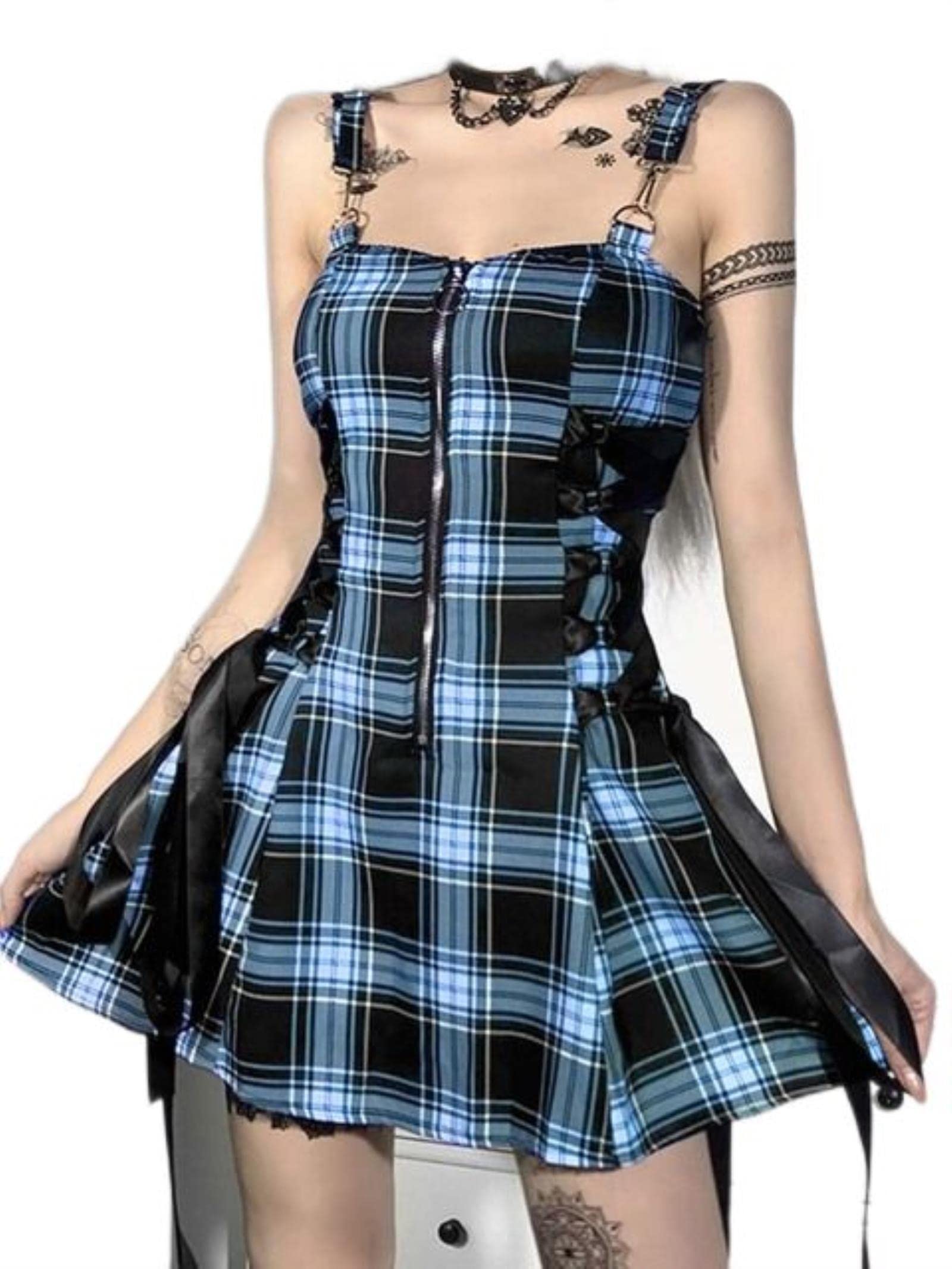 WEITING Gothic Girls Red Plaid Pleated Dress Zip Up Robe Femme Punk Black Spaghetti Strap Mini Short Goth Streetwear-Polyester design2,S