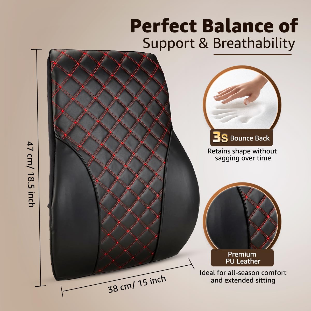 Amazon Basics Backrest Lumbar Support Orthopedic Pillow, Portable, Adjustable Strap for Chair,Car Seat| Promotes Posture Alignment, Back Pain Relief - 6 Months Warranty|Faux Leather - Black, Large 1