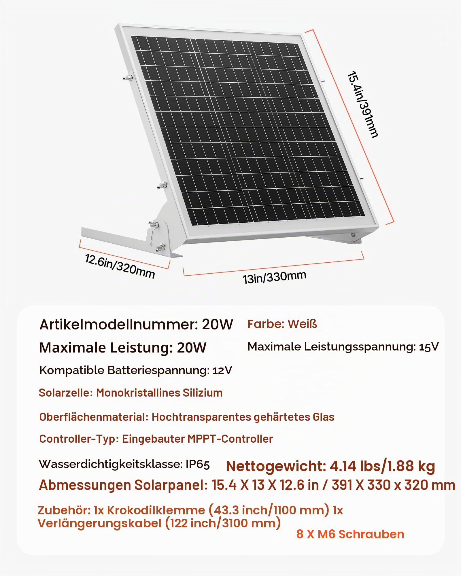 VEVOR 12V Monokristallines Solarpanel-Kit 20W, MPPT-Controller, IP65 wasserdicht für Auto, Boot, Wohnmobil
