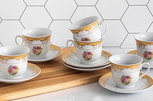 Miniatura 7 de Juego de té rosa vintage, 12 piezas, elegante diseño blanco y floral, platillos de 5.5 pulgadas, tazas de porcelana de 6.5 onzas, para té negro o