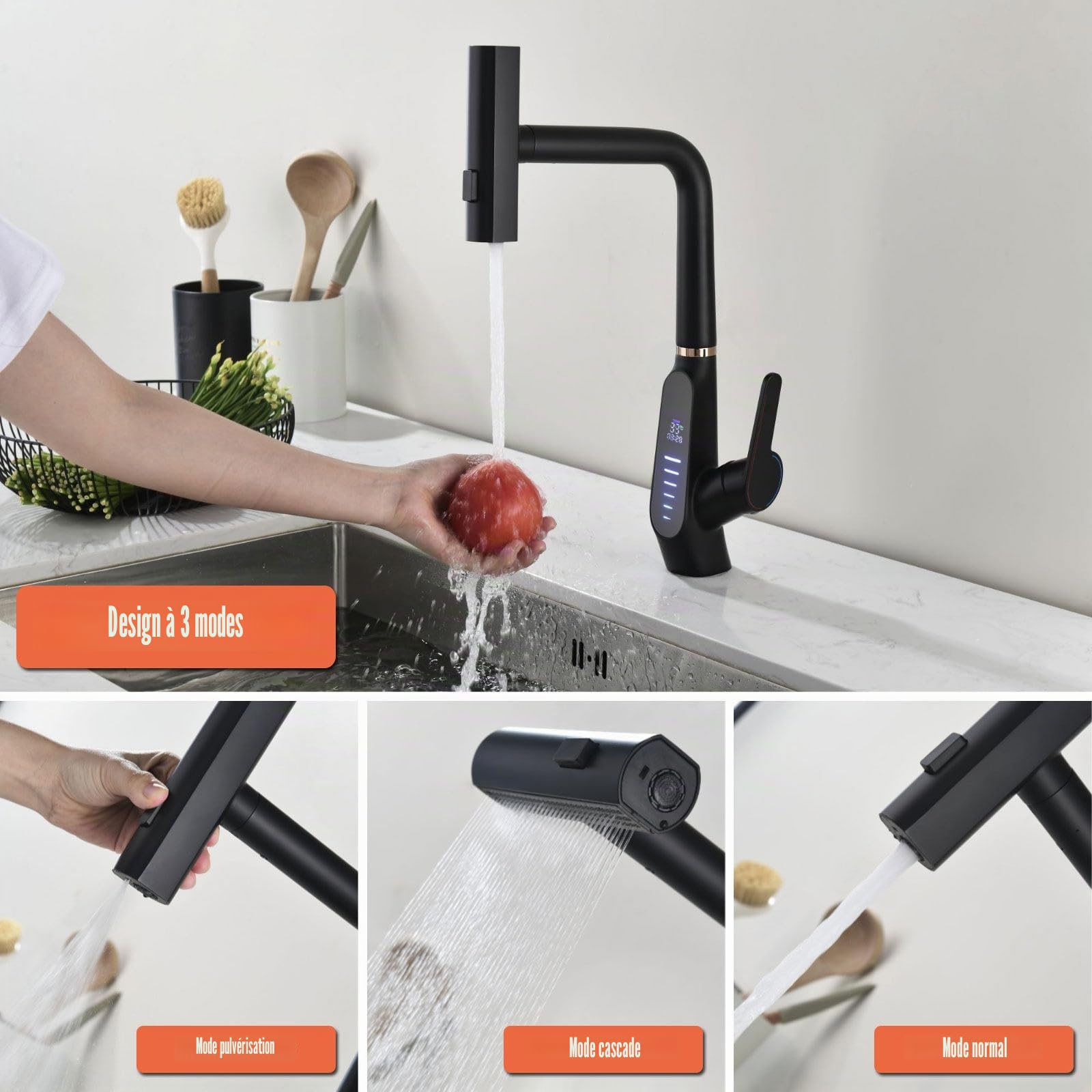 Robinet de Cuisine Extractible, Affichage Numérique LED, Cascade, 3 Modes de Débit d'eau, Pivotant à 360° Mitigeur Cuisine Robinet, Mitigeur Cuisine à Poignée Unique, 59A Cuivre (Noir)