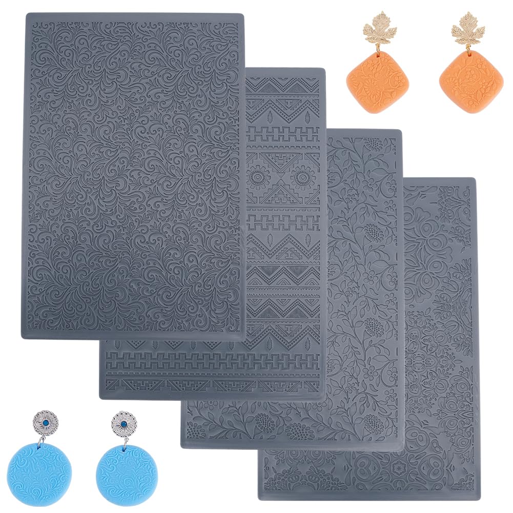 HOBBIESAY 4pcs Polymer Clay Texture Sheets Set Texture Sheets Polymer Clay Works with Polymer Clay Cutter Effect as Polymer Clay Texture Roller Leaves and Flowers for DIY Clay Making