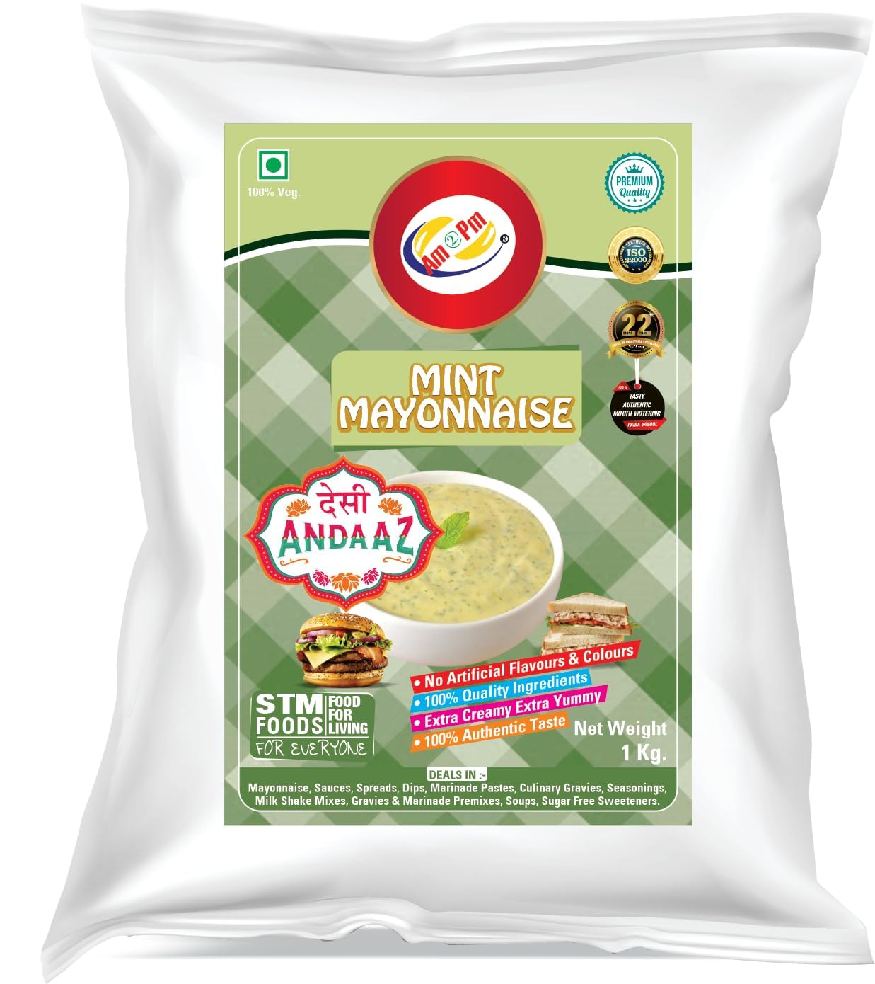 Am 2 Pm - Mint Mayonnaise Multipurpose Creamy Sauce For Burgers, Sandwiches Salad Dressing,Veg Non Veg Fried Snack Wraps & Rolls Hot Dog Momos - 1Kg