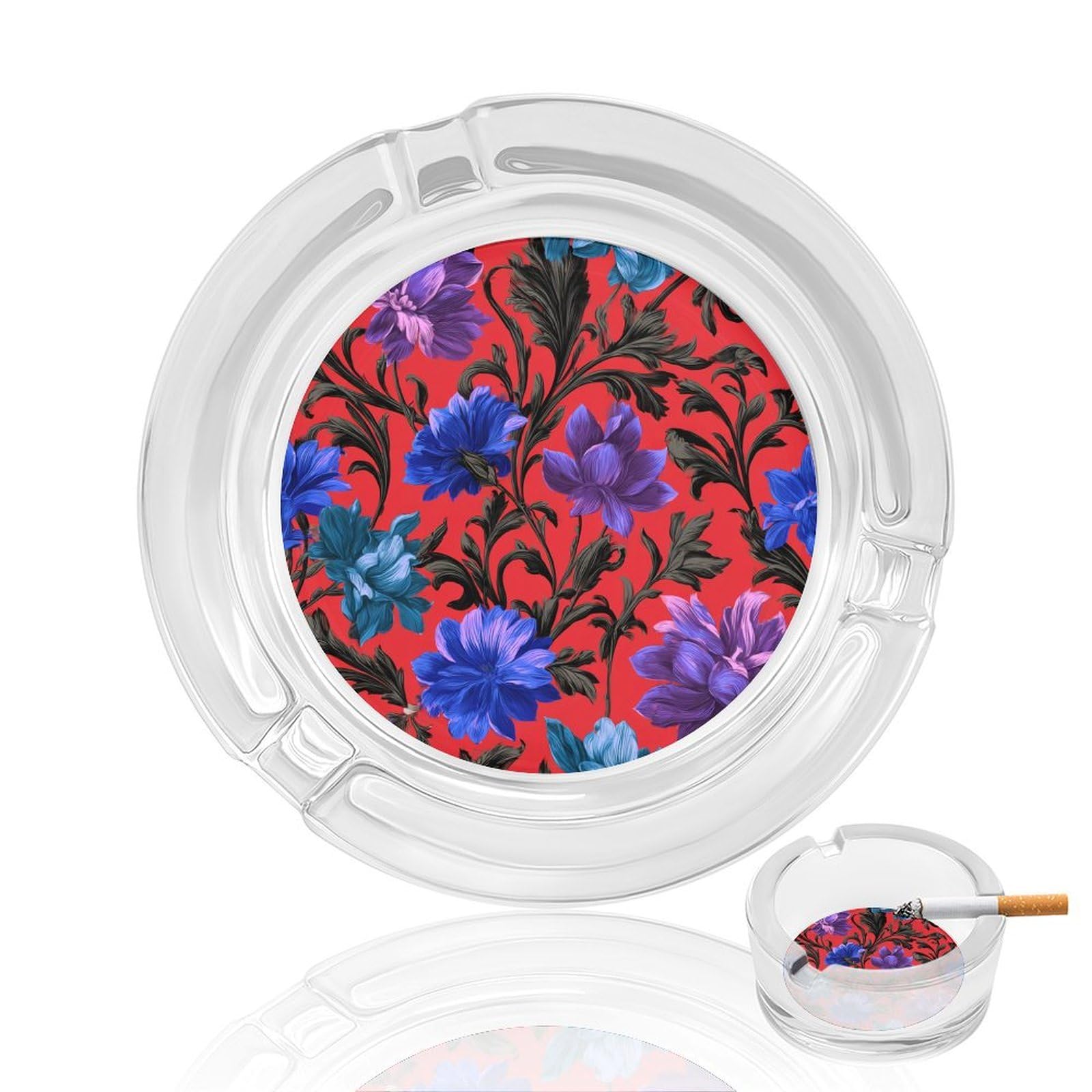 Botanical Motifs Blue Purple Flowers Glass Ashtray for Cigarettes Portable Decorative Ash Trays for Home Office Decor