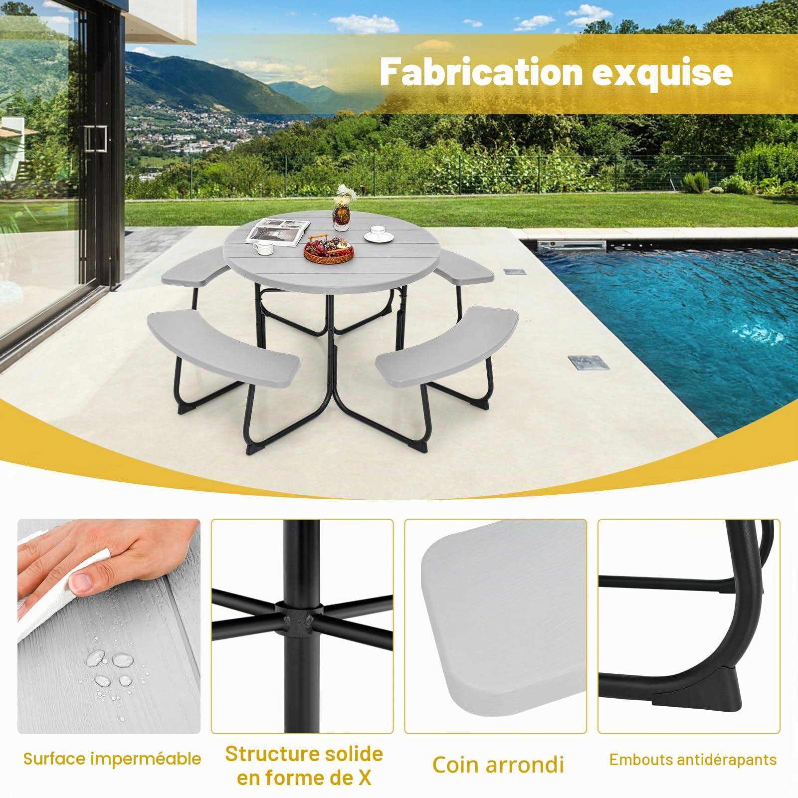 GIANTEX Ensemble de meubles de jardin pour 8 personnes, table de jardin ronde avec 4 bancs, table à bière avec trou pour parasol, salon de jardin résistant aux intempéries en polyéthylène haute