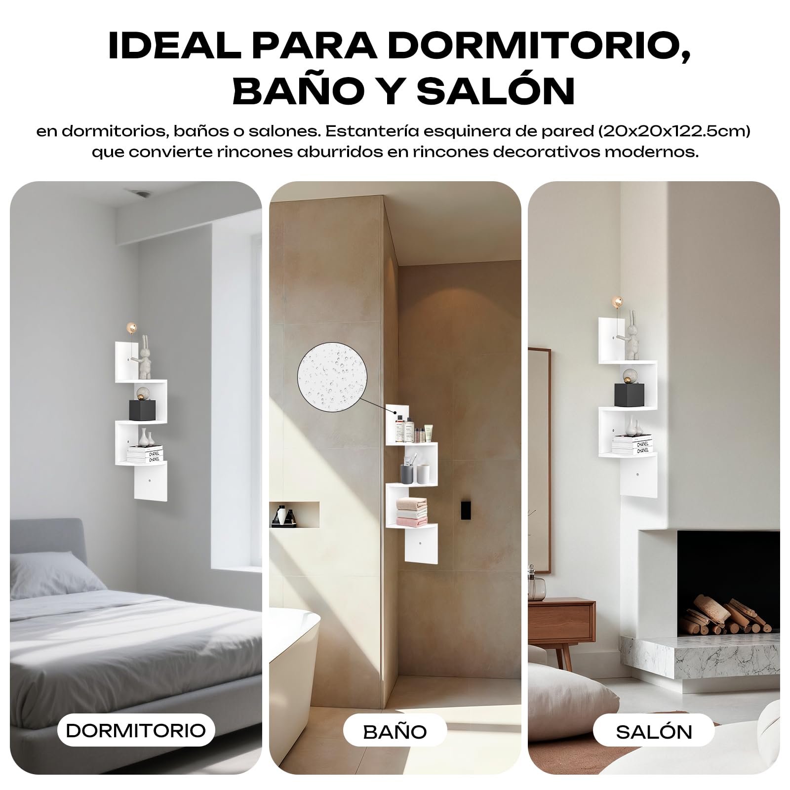 Estantería de Esquina para Pared 20x20cm - Organizador Esquinero para Dormitorio, Baño, Salón con 6kg de Carga, Montaje Rápido, Decoración Moderna de Rinconera (Blanco, 3 Niveles)