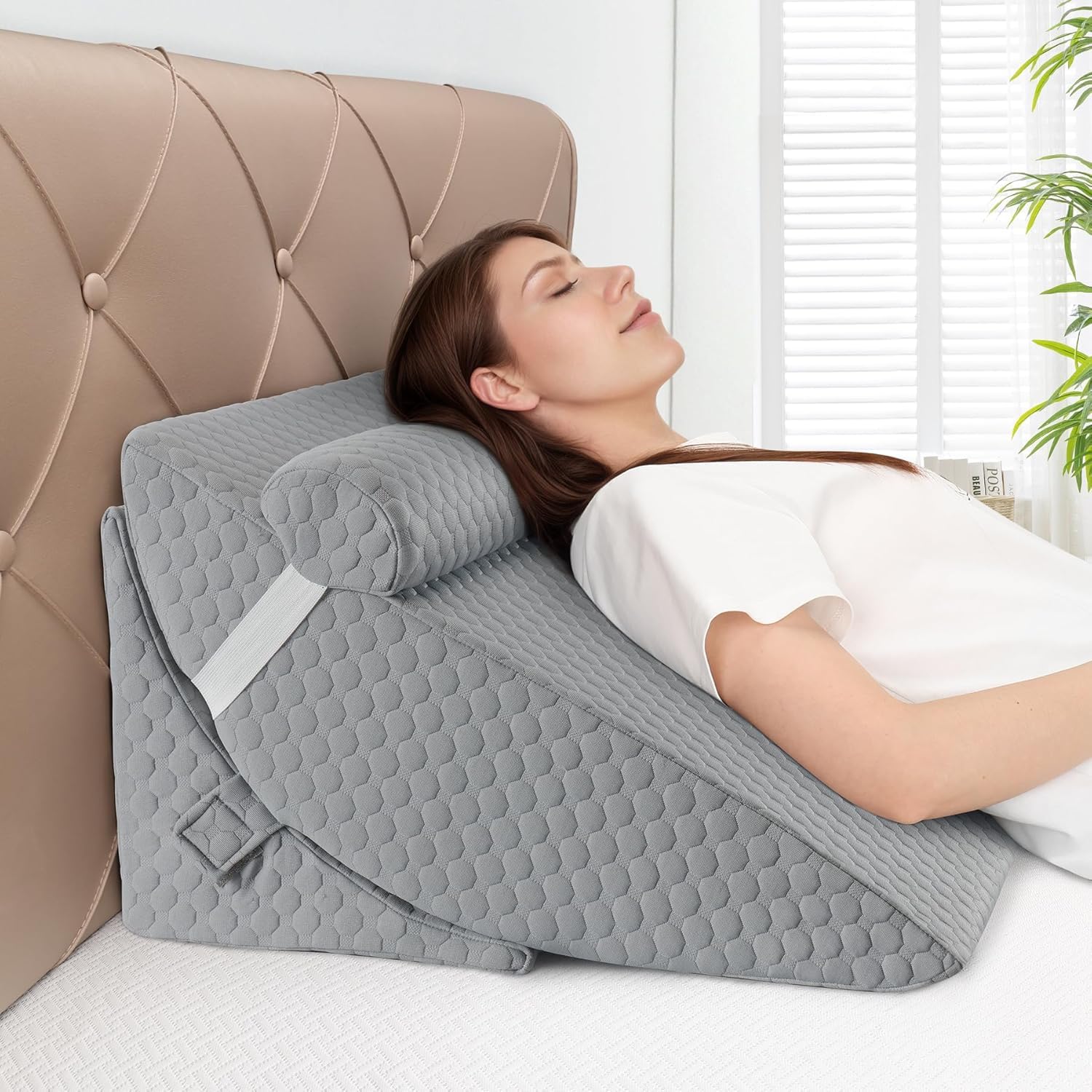 Cuscino a cuneo 3 in 1, cuscino a triangolo rialzato con poggiatesta, cuscino inclinato regolabile da 33 cm, per alleviare il reflusso acido, post chirurgia, supporto per la schiena, russare e dormire