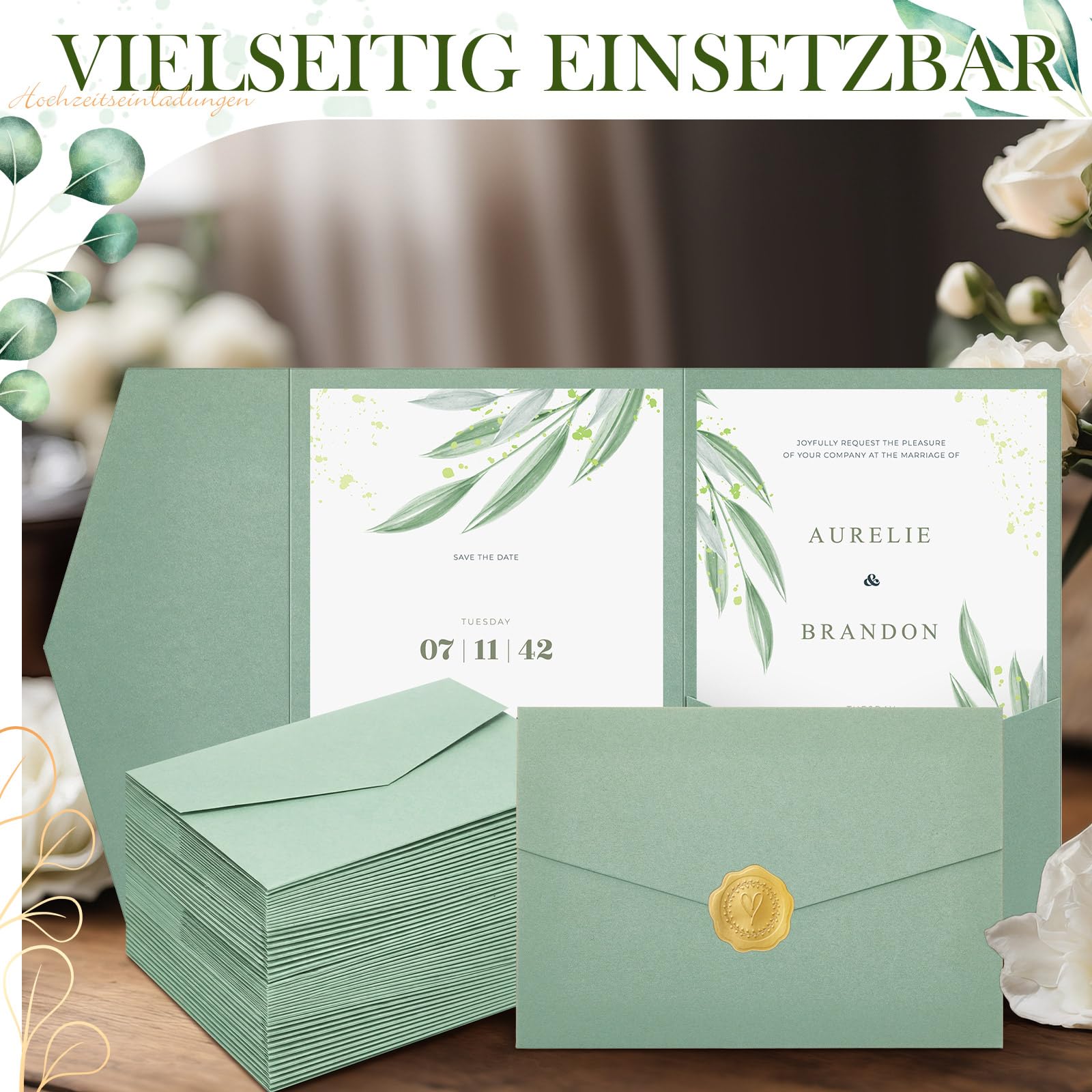 Tenare Sobres de Papel Plegables y Sellos de Cera Autoadhesivos para Sobres DIN A6 Tarjetas de Invitaciones de Boda Tarjeta de Boda de Cumpleaños(Verde Claro,50 Unidades)