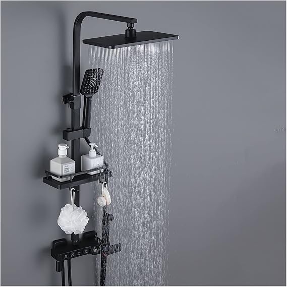 Digital Shower Set LED Rainfall Shower Panel Tower System Display Thermostat Black Bath and Shower Faucet Set Bathroom Tub Tap with Shelf Water Flow Generates Electricity Easy Installation Wall Mount
