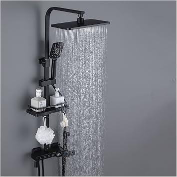Digital Shower Set LED Rainfall Shower Panel Tower System Display Thermostat Black Bath and Shower Faucet Set Bathroom Tub Tap with Shelf Water Flow Generates Electricity Easy Installation Wall Mount