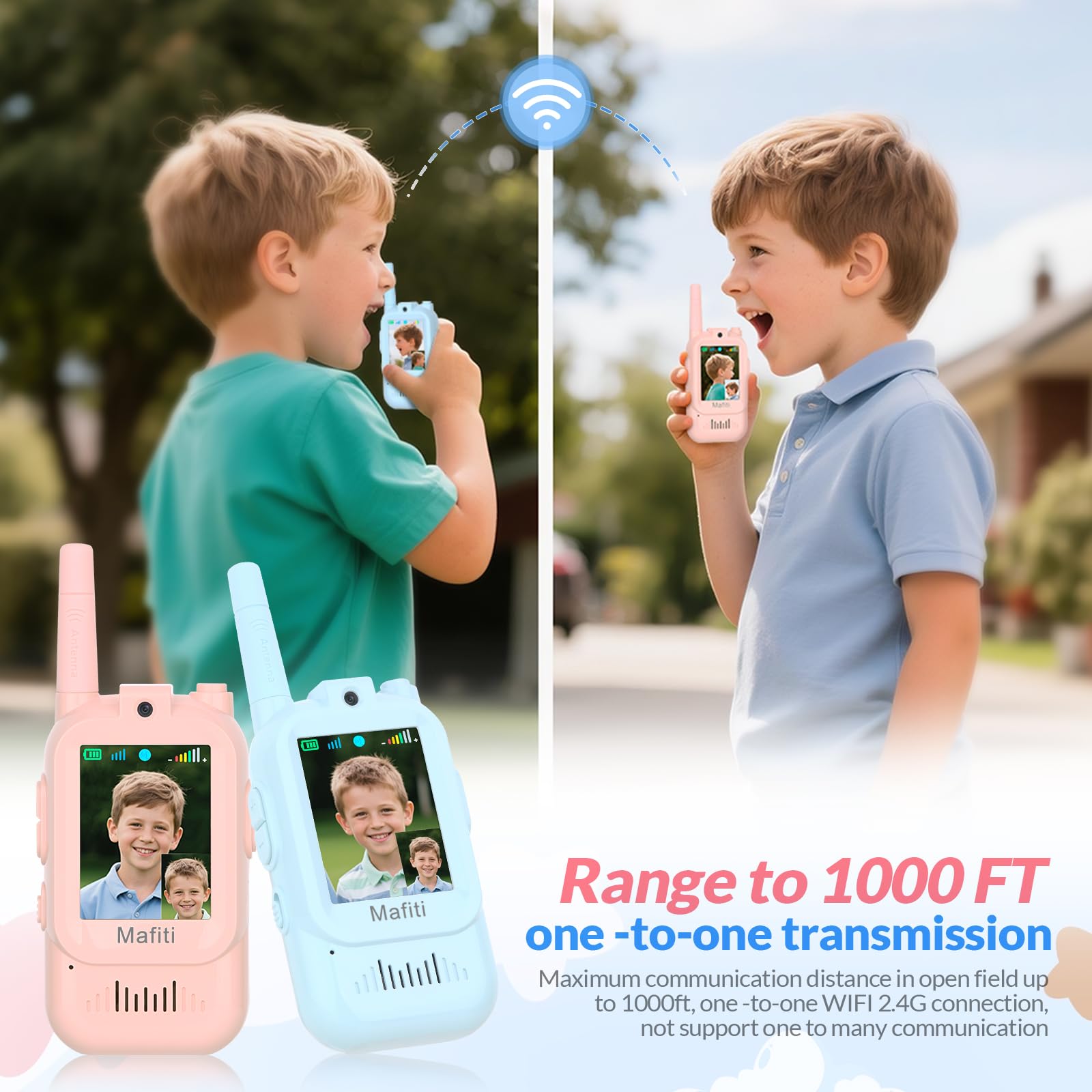 Mafiti mini vidéo walkie talkies jouets pour 3 4 5 6 7 8 ans garçons filles mini vidéo walkie talkies pour enfants lot de 2 rechargeable 1000 pieds plage anniversaire intérieur extérieur (Bleu + Rose)