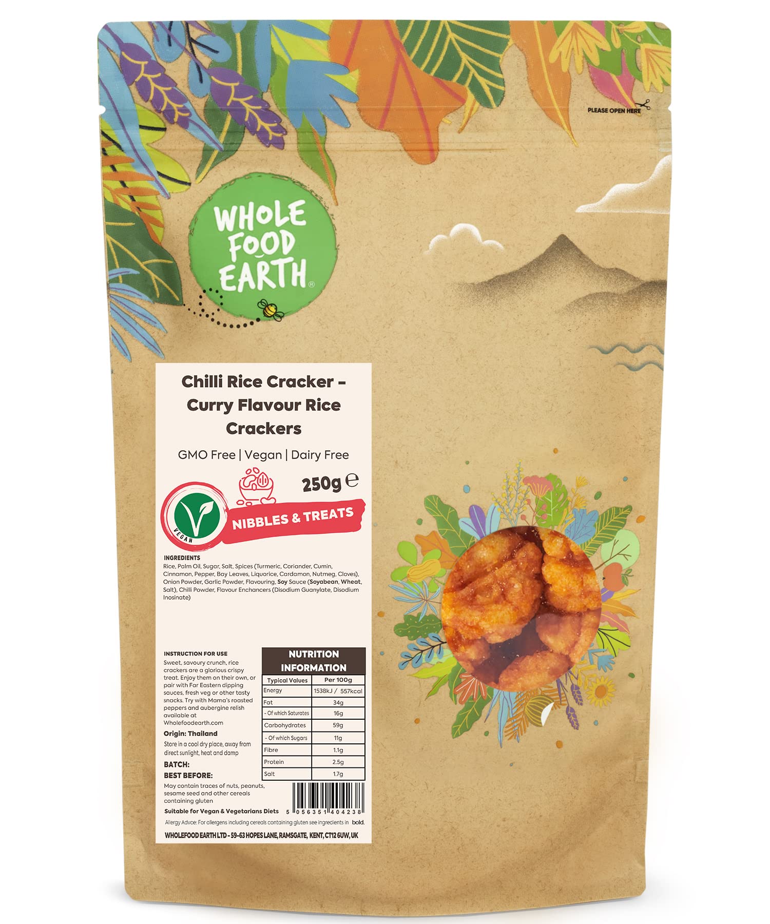Wholefood Earth Chilli Rice Cracker - Curry Flavour Rice Crackers 250 g | GMO Free | Dairy Free