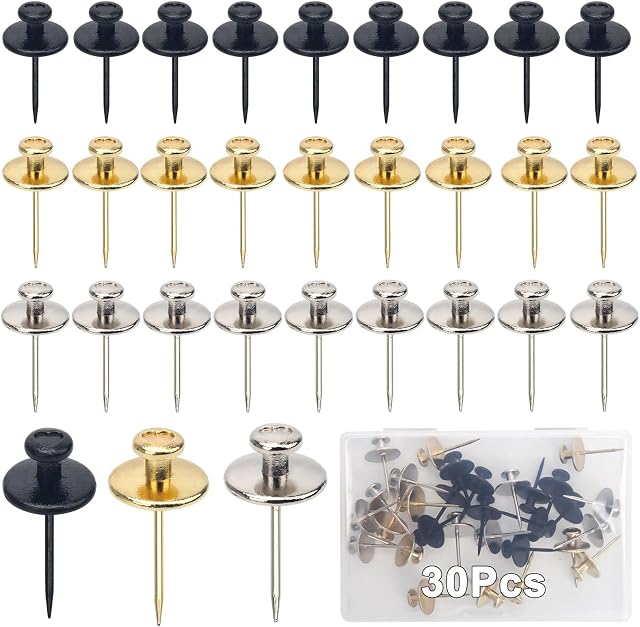 Windspeed 30 Pcs Double-Headed Picture Hangers Nails, Fancy Thumb Tacks for Cork Board Picture Decorative Nails for Hanging Wall Tacks (Black, Gold, Silver)