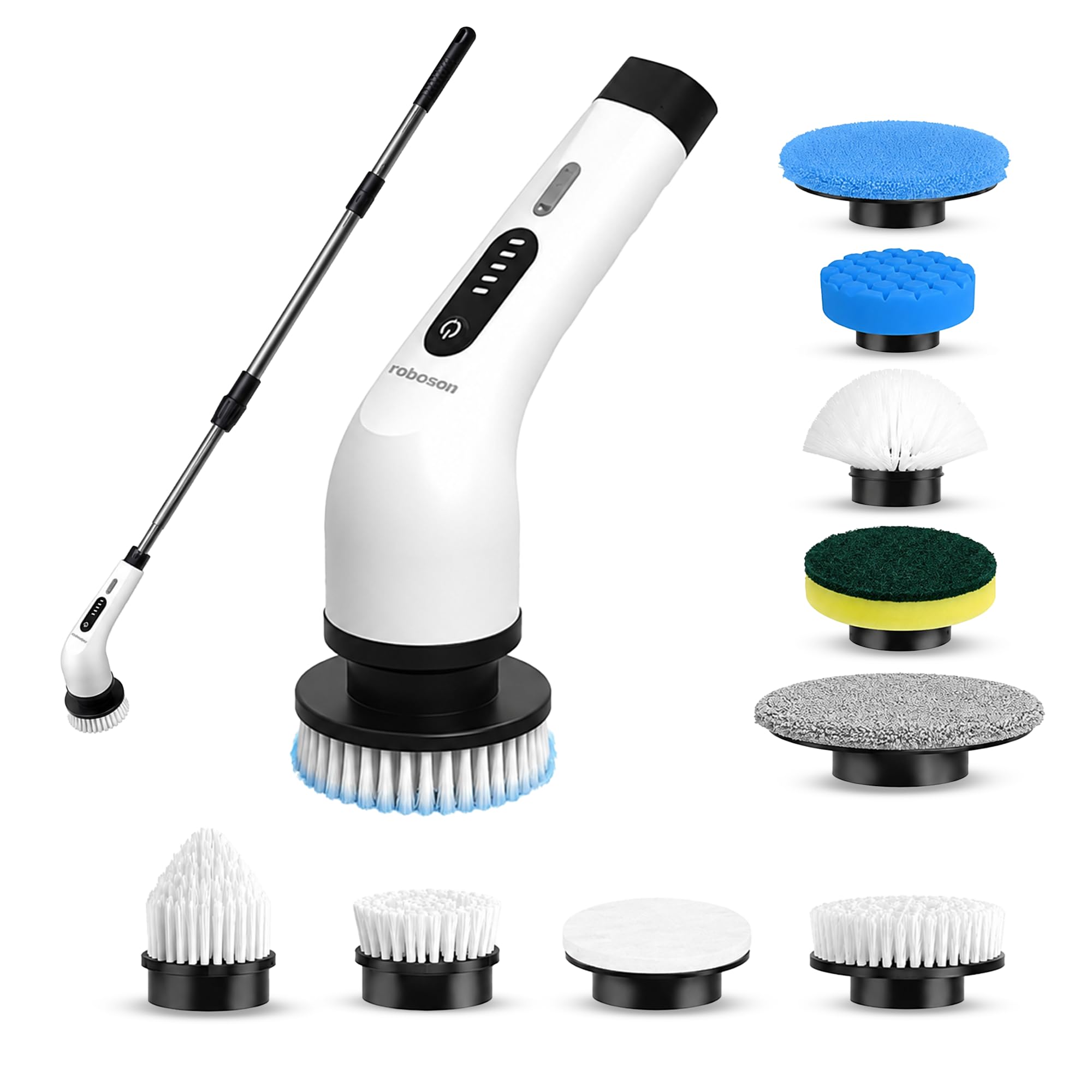 Roboson Electric Spin Scrubber,Cordless Cleaning Brush with 9 Brush Heads,425 RPM,90 Mins Runtime,IPX6 Waterproof,Adjustable Length,3 Speeds,Ideal for Bathroom,Kitchen,Glass,Utensil & Car-image-29