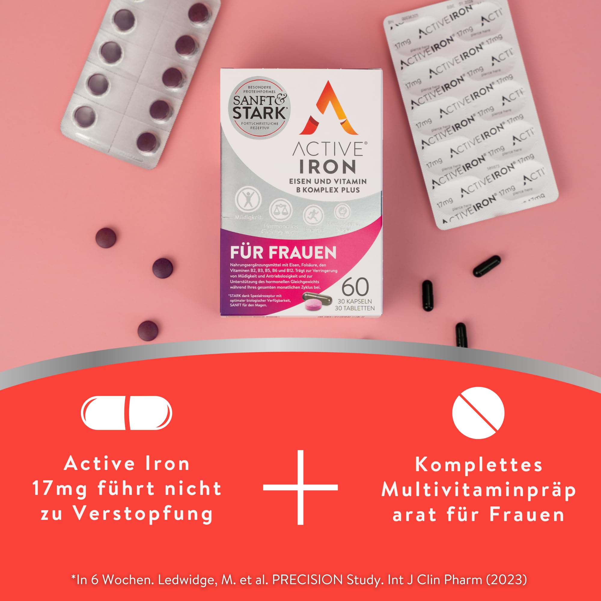 Active Iron für Frauen, Eisen- und Multivitaminpräparat, 30 Eisenkapseln à 17 mg und 30 Multivitamintabletten, hochwirksame Vitamine B, nicht verstopfend, Vorrat für 1 Monat.