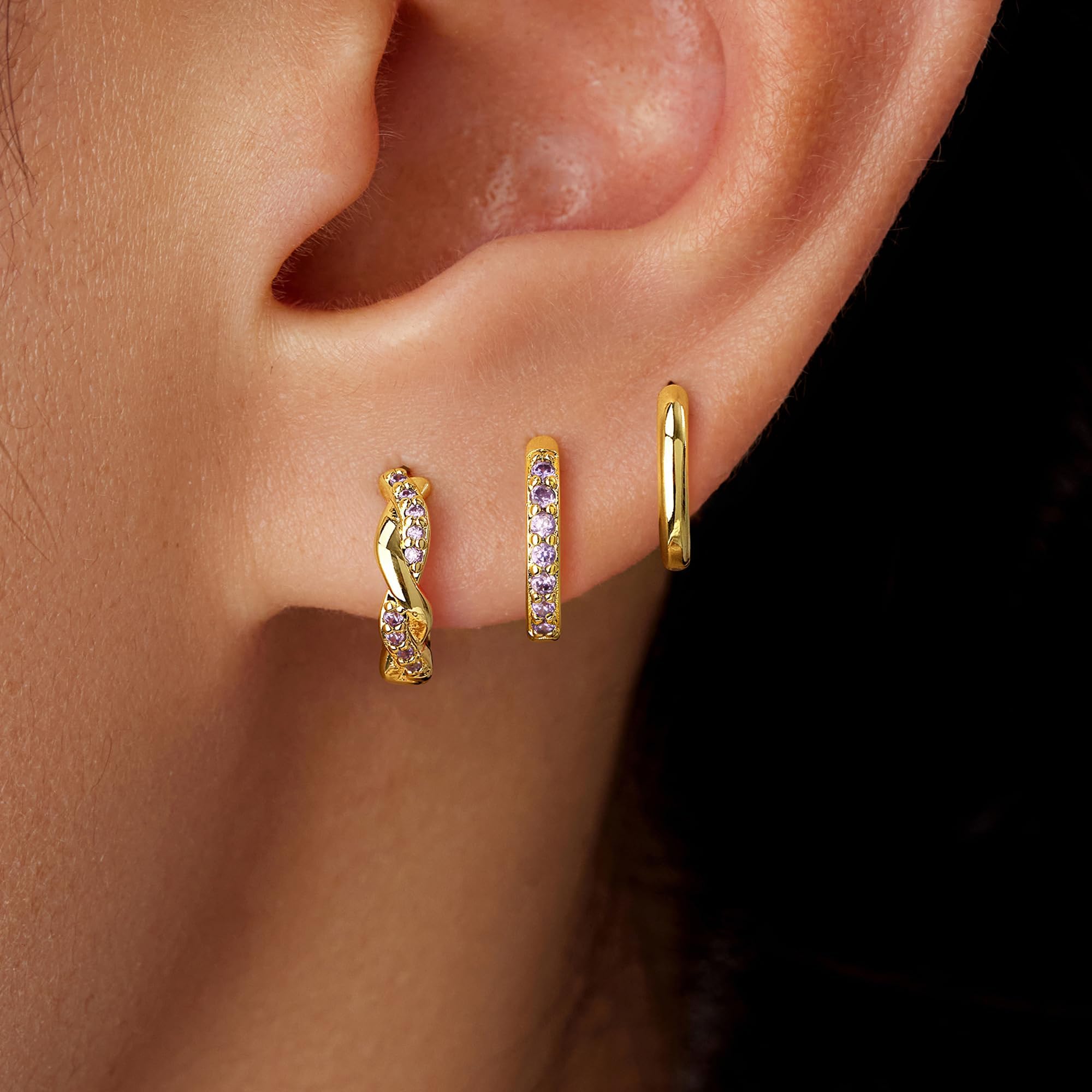 Inerney 14K Gold Plated Huggie Hoop Earrings for Women, Small Sterling Silver Earring Set Hypoallergenic Cartilage Helix Stacks, Mini Dainty Cute Trendy Birthstone Jewelry Gift for Multiple Piercings