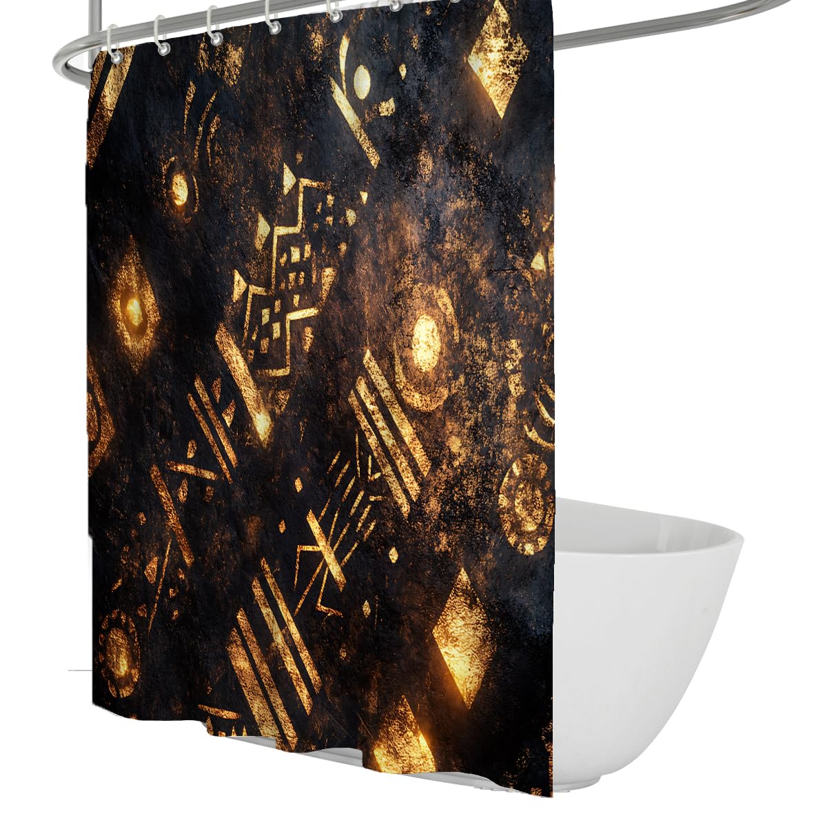 UERWOWELL Modern Luxury Shower Curtain Metallic Gold Tribal Pattern Fabric Bath Curtains Geometric Bathroom Decor Washable Fabric for Bathtub W150xL200 cm