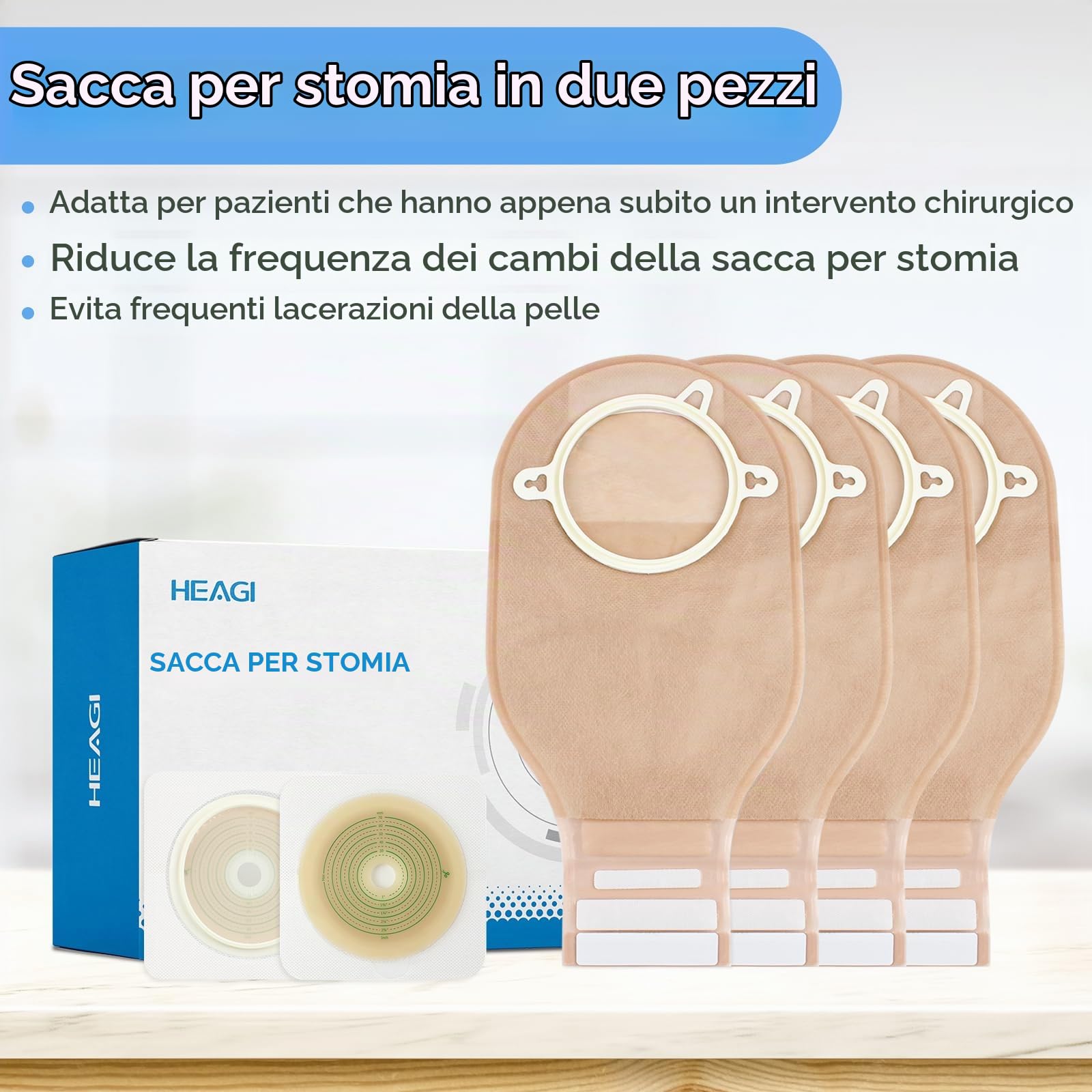 60 Pezzi Di Sacchetti per Colostomia, Sacche per Stomia a 2 Pezzi | 70 Mm Max, 40 Sacche per Stomia + 20 Barriere Cutanee, Sacchetti Drenanti a Due Pezzi Con Chiusura per La Cura Dello Stoma