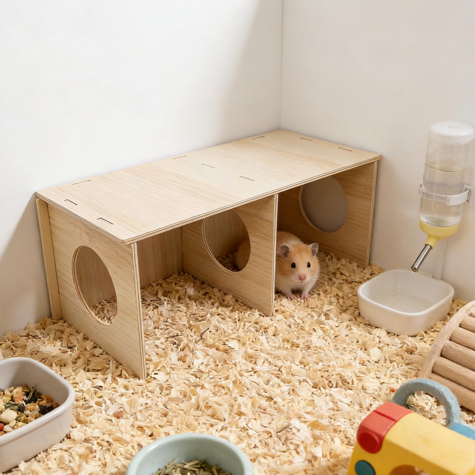 Hamster Haus Aus Holz, Mehrkammernhaus aus Massivholz für Hamster, 2-Zimmer Wasserfest Hamsterhaus mit abnehmbarem Dach, Hamsterversteck und Spielhaus für Zwerghamster, Goldhamster und Kleintiere (-L)