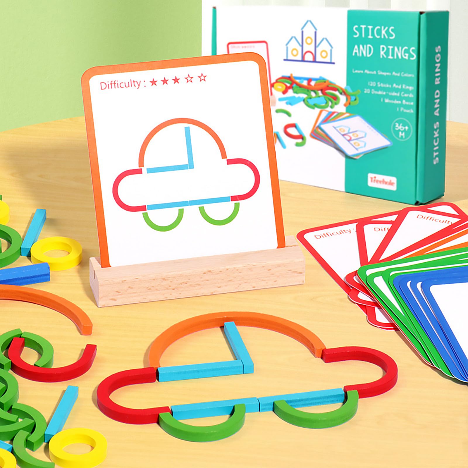 Montessori zabawka edukacyjna od 3 lat, zabawka Montessori, gry w przedszkolu, 120 drewnianych sztuk i pierścieni, 20 kart na niezliczone ekscytujące figurki, zabawka edukacyjna, ratowanie geomowe