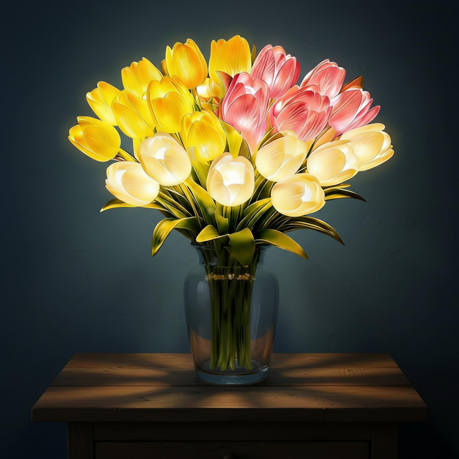 GETBSTOOP Radiant Romantic Tulip Light, 15 Pcs Twinkling Tree Tulips Led Lights that Never Fade, Flower Shaped Ambient Night Light, Artificial Bouquet Bedside Lamp for Bedroom & Home Decor