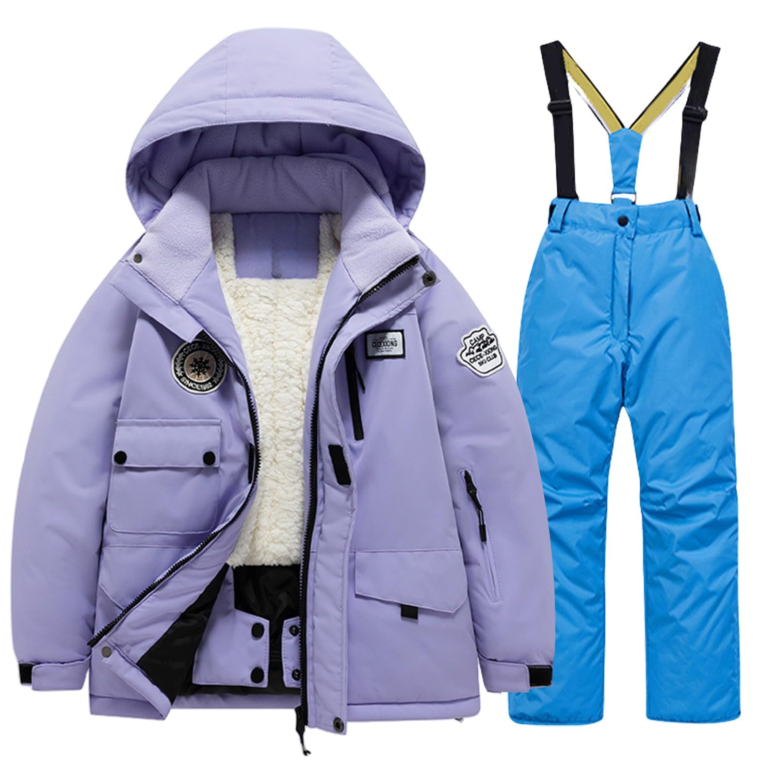 Kinder Skianzug mit Kaputze Schneeanzug Mädchen Junge Verdickte Fleecegefüttert Skijacke + Skihose 2tlg Wasserdicht Winddicht Skianzüge Daunenjacket Skihosen