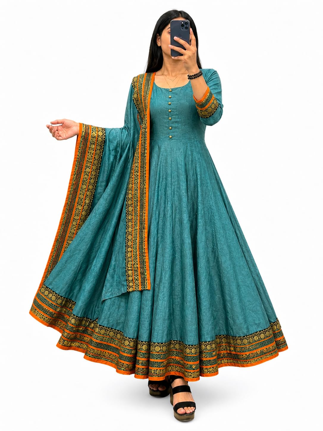 Women's Black Anarkali Gown with Dupatta | Cotton Blend Ethnic Dress | Flared Kurta Set |-picture-37