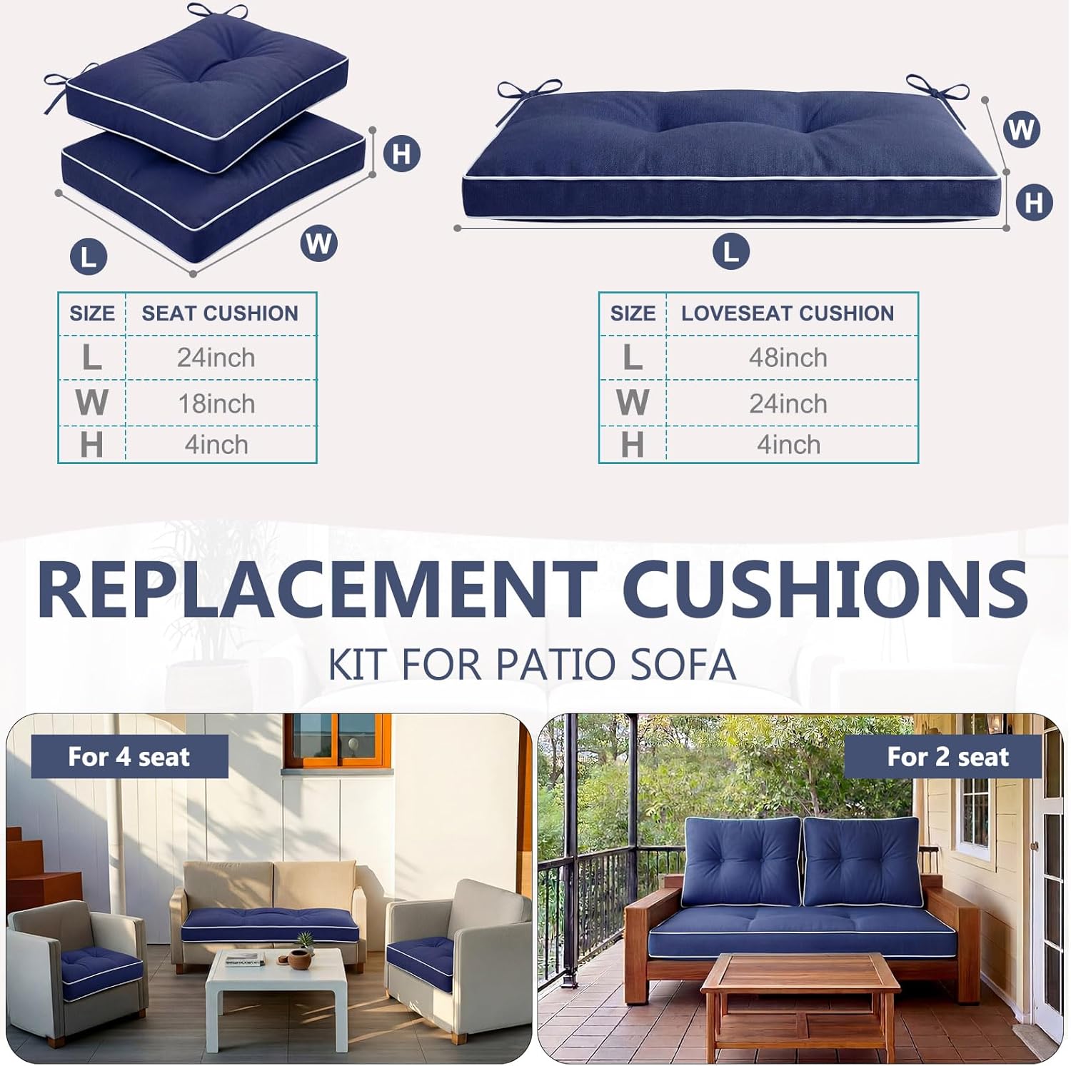 Yuntau Set of 3 Outdoor Loveseat Cushions 48x24 Inch Waterproof Tufted Bench Cushions for Patio Furniture Fade Resistant 1 Loveseat and 2 Seat Pad for Swing Couch Sofa Wicker Chair Settee (Navy Blue)