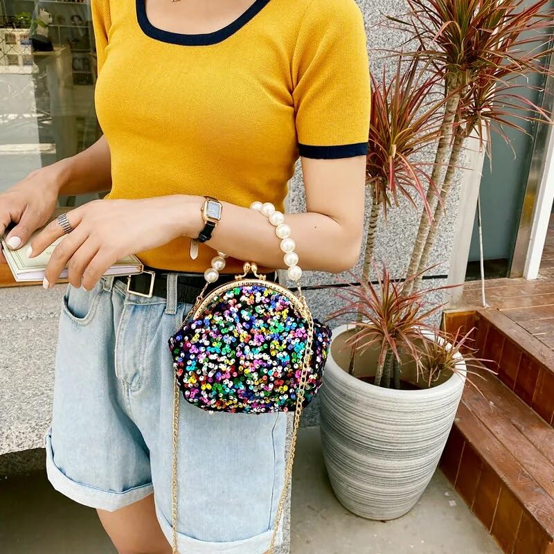 Bolso de Mano con Perlas para Fiesta, diseño Moderno, para Mujer, Bandolera con Cadena, para Boda, de Noche (Negro)
