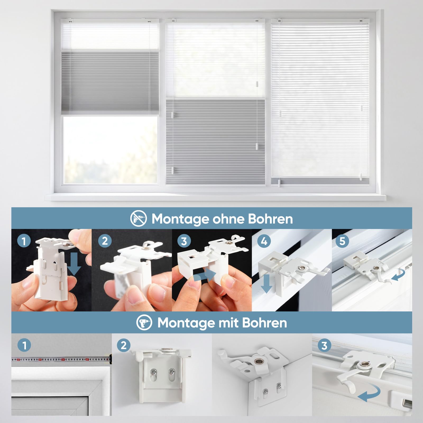 Sekey Wabenplissee Ohne Bohren Doppelplissee Day+Night Verdunkelung Rollo 100% verdunkelnd Blickdicht – Bild 6