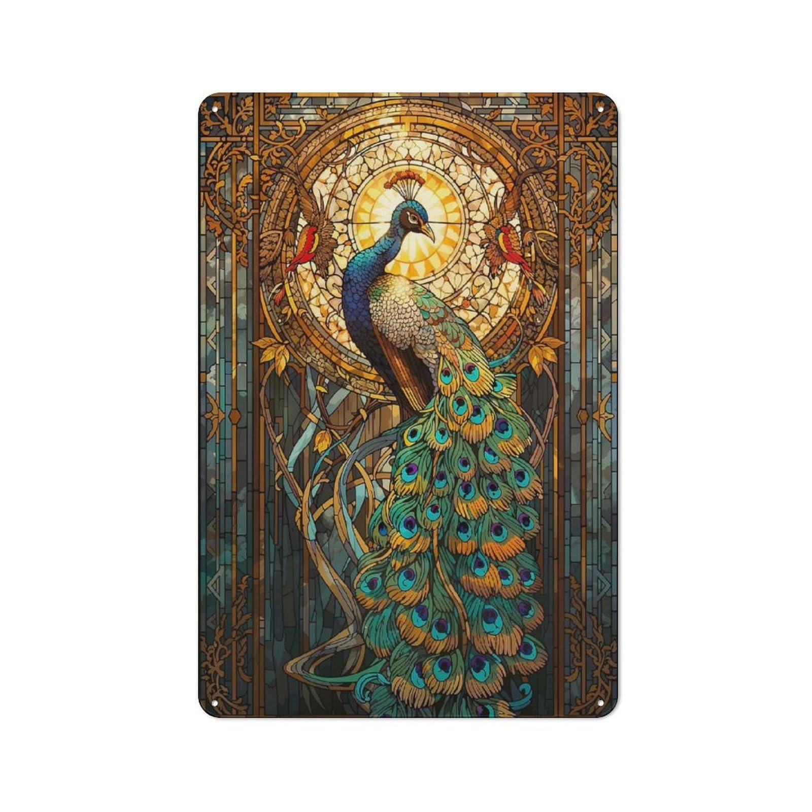 Junmoney Style-12 Workshop Style Peacock Stained Glass Art Nouveau Tin Sign 30X20cm, Workshop Wall Decor For Tool Room, Garage, Studio Or Home Bar