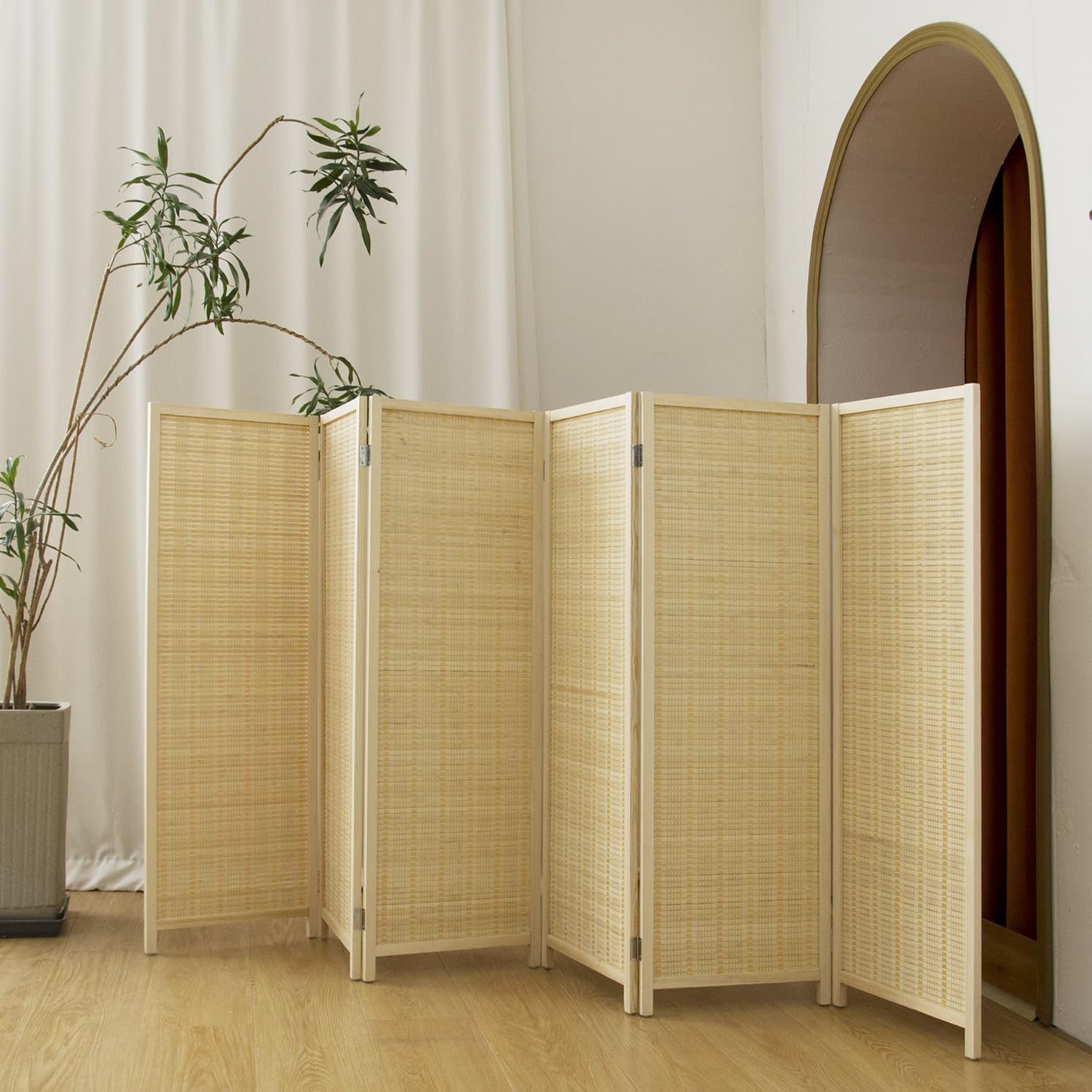 6 panel short panel divider screen,3.95 ft tall bamboo room divider folding privacy screen,short panel divider freestanding room divider for room seperation,beige