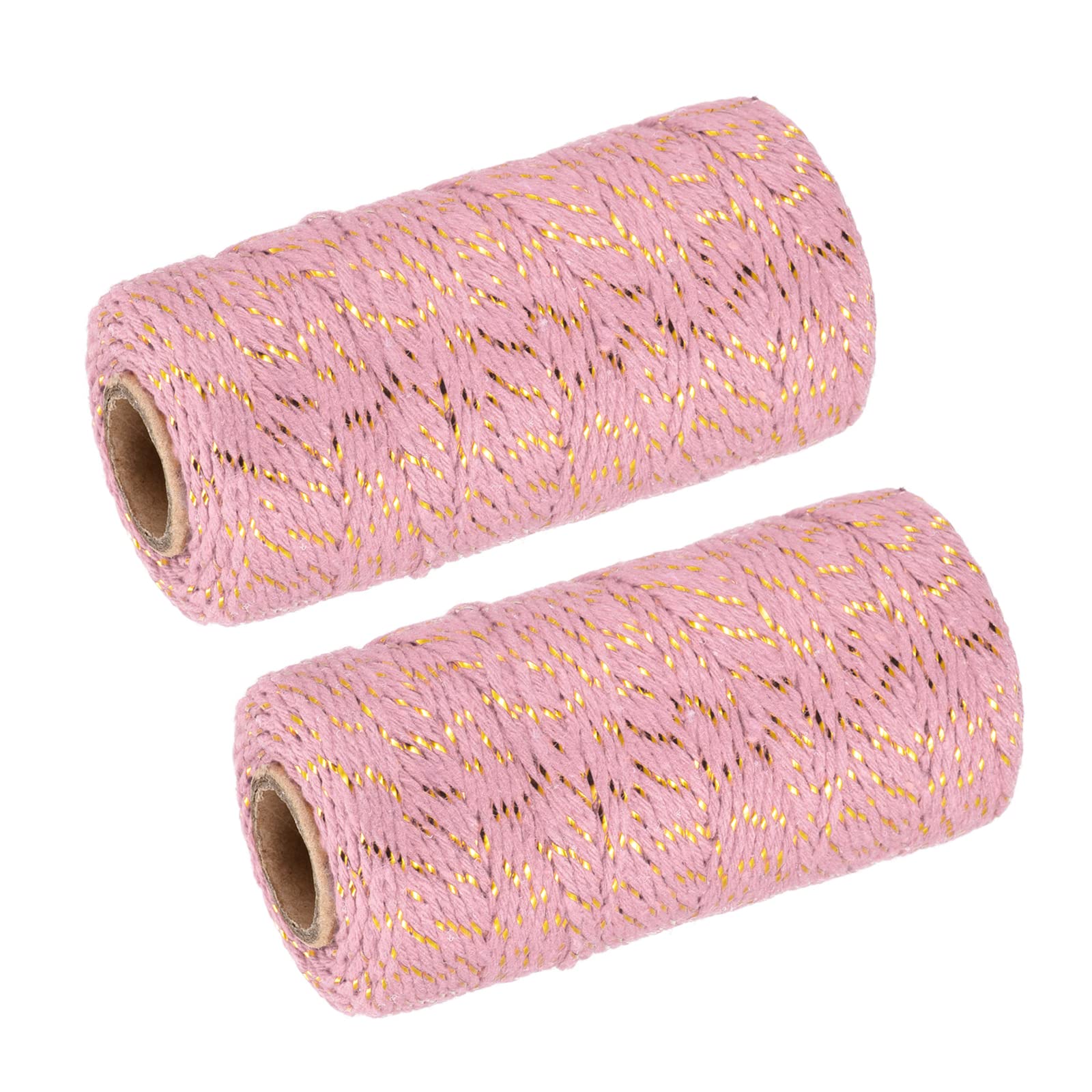 sourcing map Twine Packing String Wrapping Cotton Twine 100M/109 Yard Gold Tone and Pink Rope for Gift Wrapping, Christmas Twine, Pack of 2