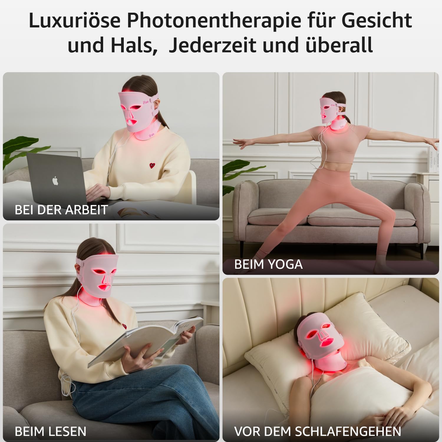 LED Gesichtsmaske aus Silikon, 7 Farben, 396 Chips, Kabellos, Wiederaufladbar, Timer (5/10/15/20), für alle Hauttypen (Pink)