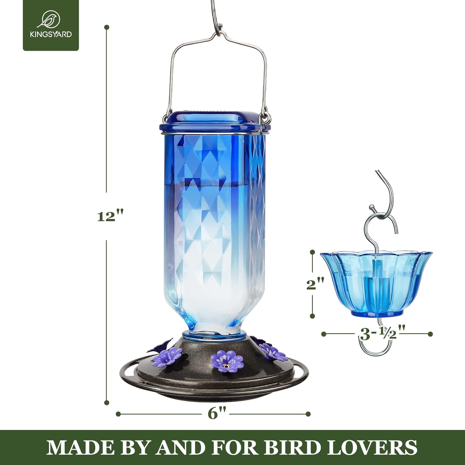 Kingsyard Glass Hummingbird Feeder for Outdoor Hanging, 24 Ounces, 6 Feeding Ports, Bird Nectar Feeder for Garden Décor, Ant Moat Included, Blue - Image 5