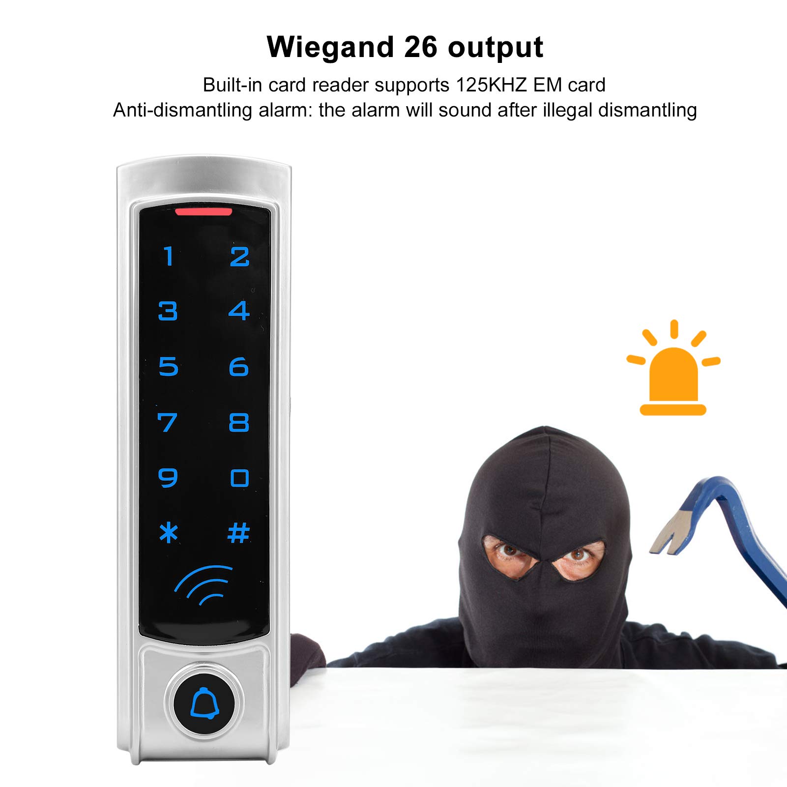 Cerradura de puerta con teclado retroiluminado sin llave, 13,56 MHz RFID Wiegand26 Lector de tarjetas de identificación Controlador de acceso Sistema de control de acceso