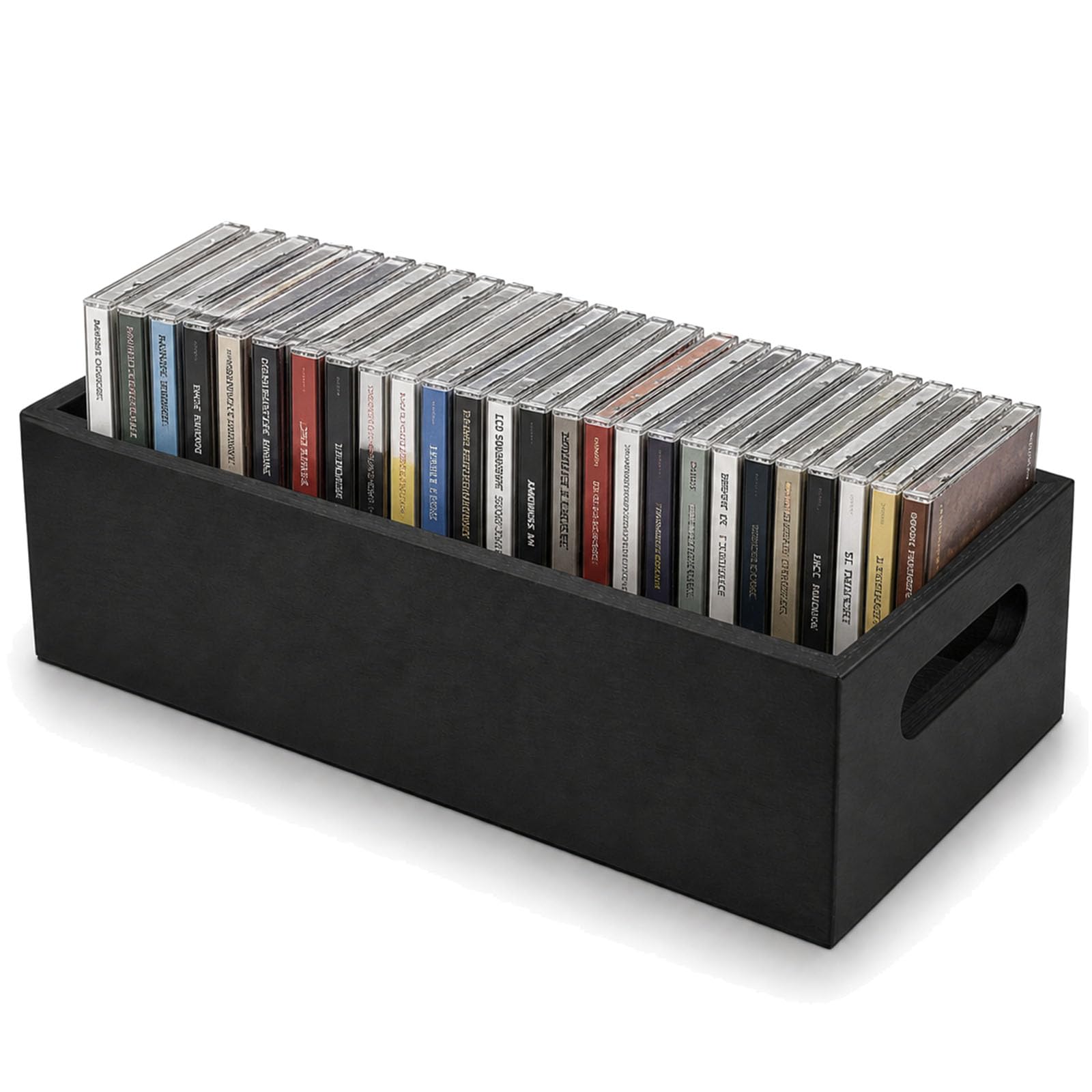 Raoletin Black CD Storage Boxes Case with Handles, Stackable CD Holder Holds to 21 CDs in Full Jewel Cases, Wooden DVD Storage Boxes for DVDs, Videos, Games, Blu-ray, Books, Home & Office Pantry