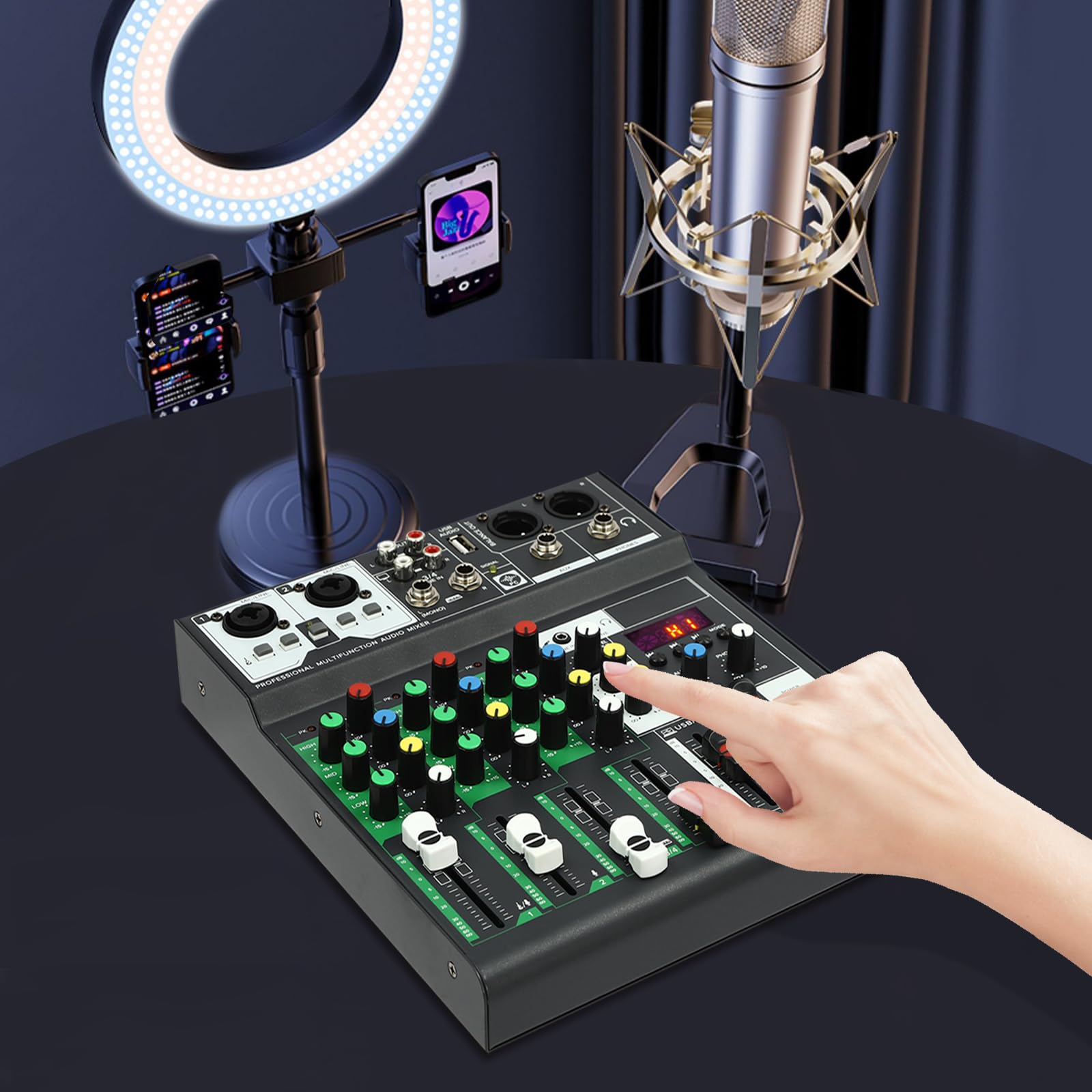 Mixer DJ professionale a 4 canali, mixer DJ portatile, console digitale DJ con controller USB, mixer audio mixer audio interfaccia mixer per registrazioni in studio, bar, pub musicale, nero