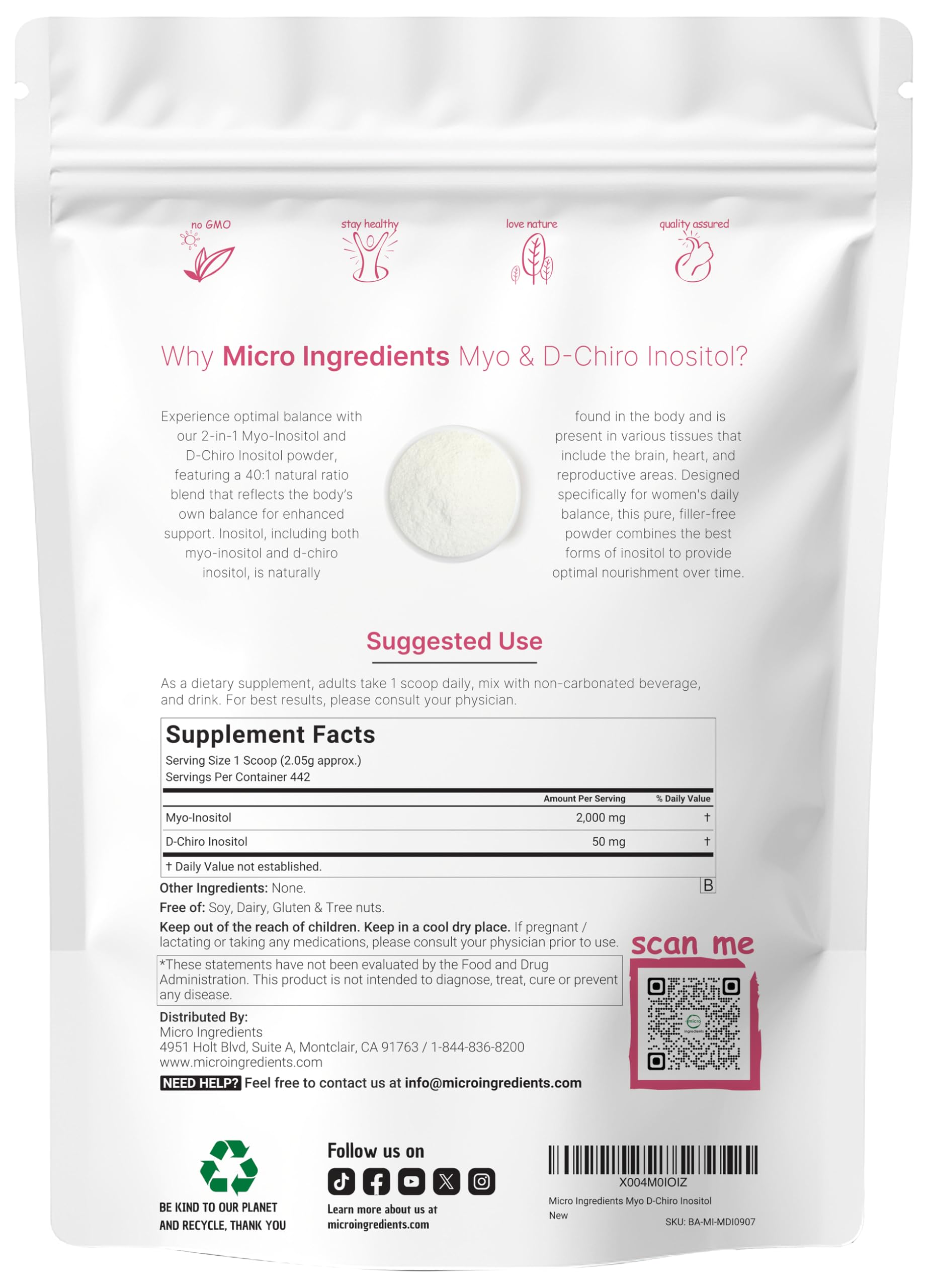 Micro Ingredients Myo-Inositol & D-Chiro Inositol Powder, 2lb (442 Servings) | 40:1 Ideal Ratio Inositol Supplement for Women | Supports Hormonal Balance & Ovarian Health | Non-GMO, Vegan, Filler-Free