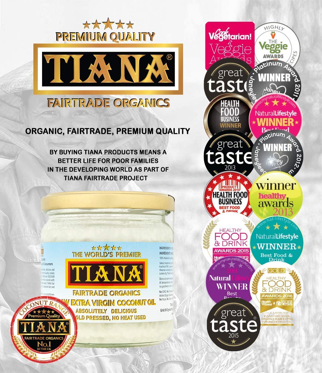 TIANA Fairtrade Organic Raw Extra Virgin olej kokosowy, uznany za nr 1 dla skóry, włosów i gotowania, 350 ml