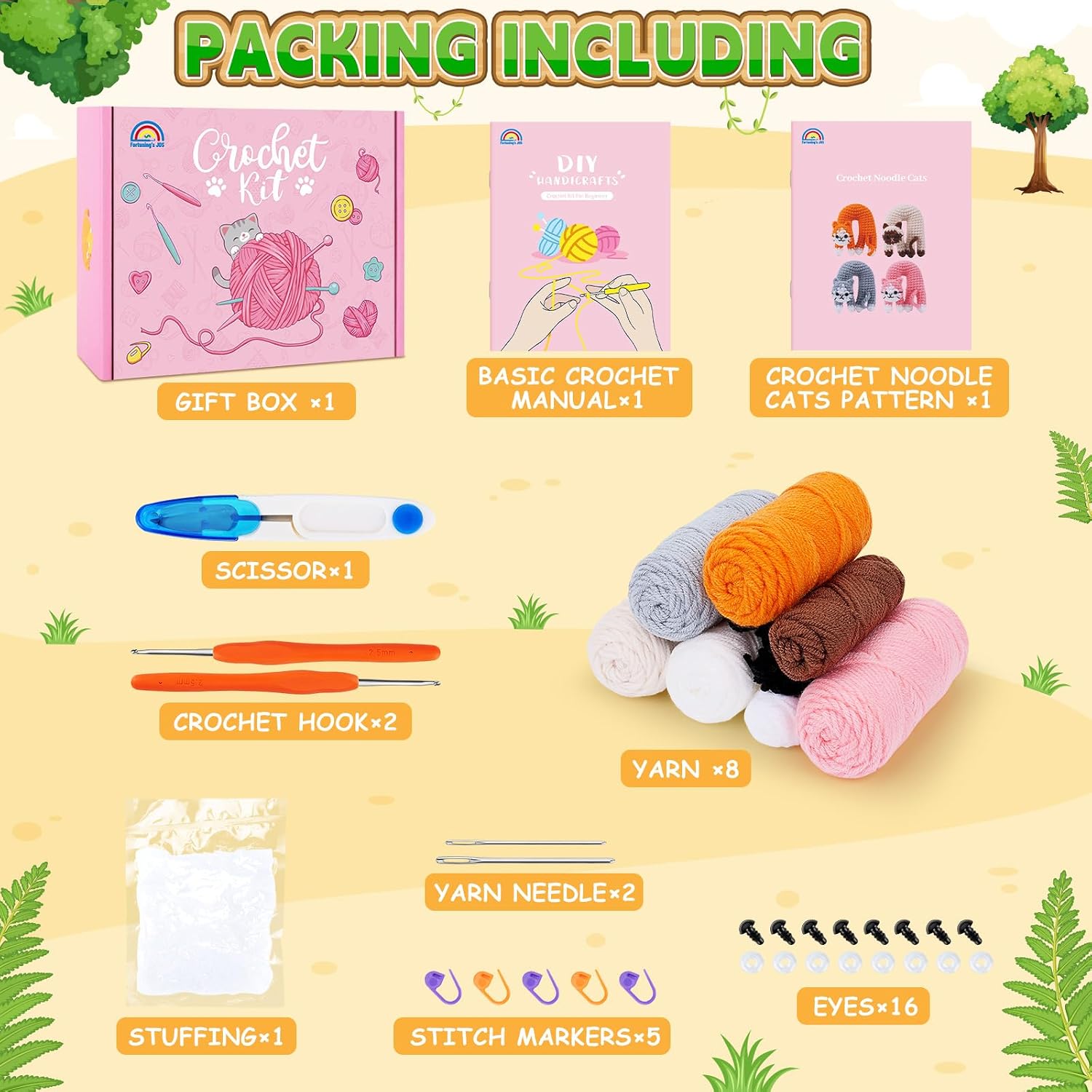 Fortuning's JDS Crochet Kit for Beginners, 4 Pack Funny Cat Crochet Kits, Animal Starter Crochet Kit with Step-by-Step Video Tutorials, Easy DIY Cat Craft for Adults, Novelty Gift for Crochet Lovers