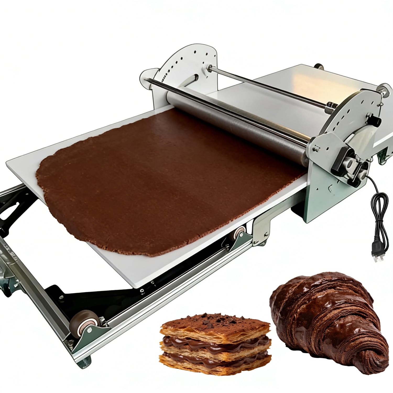 Sfogliatrice elettrica per casa e Piccole pasticcerie, sfogliatrice Pasticceria elettrica da banco 40", Spessore Regolabile, rulli con inversione Automatica, Acciaio Inox 304, Pieghevole