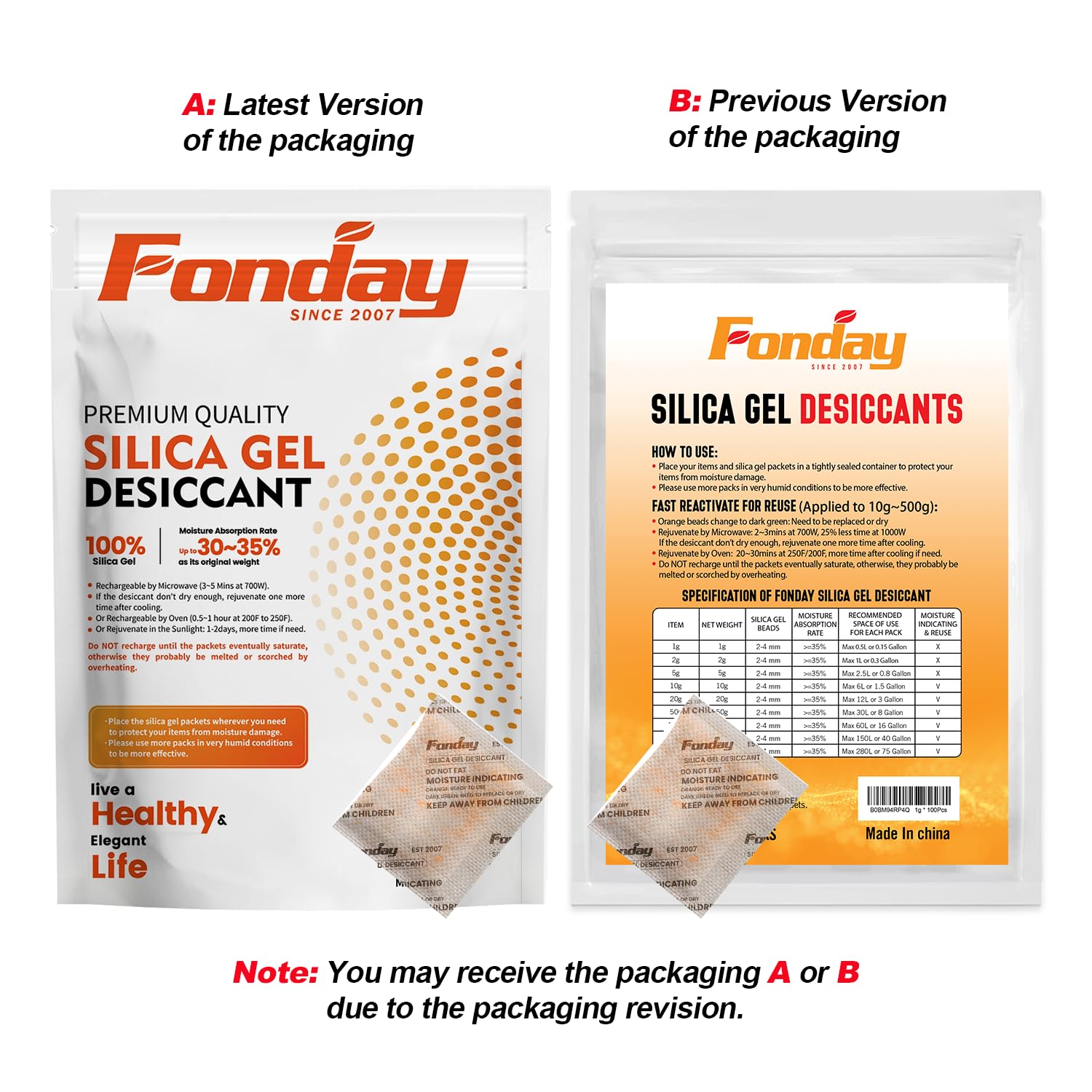 5g x 60 packs Fonday Rechargeable Silica Gel Desiccant Packets Food Grade Fast Reactivate Desiccant Bags Moisture Indicating Orange to Green(10g x 30 packs)
