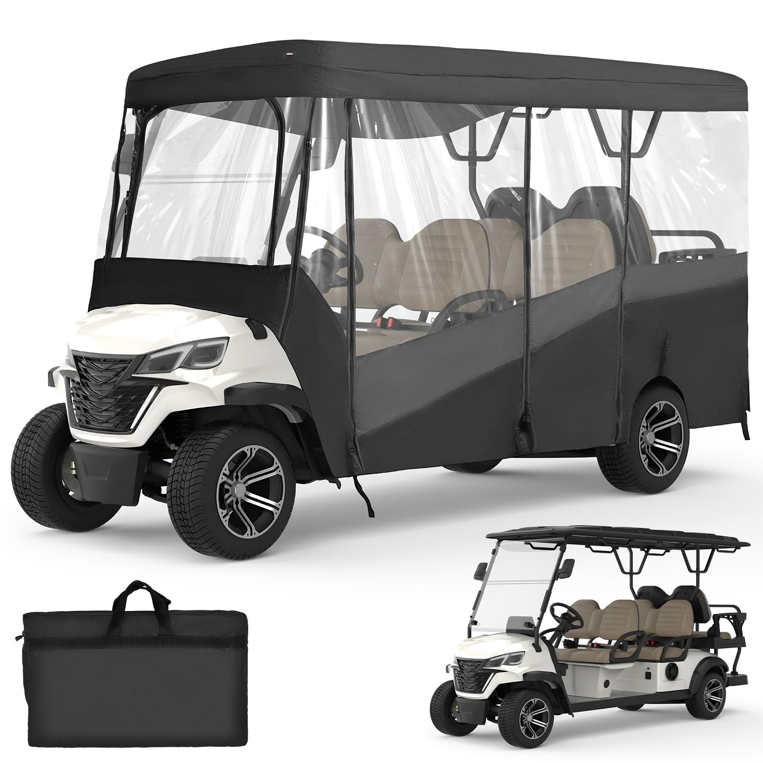 KEMIMOTO Golf Cart Enclosure, 4&6 Passenger Golf Cart Rain Cover, 600D Waterproof Driving Enclosure with Clear PVC Windshield for Extended Roof Cart