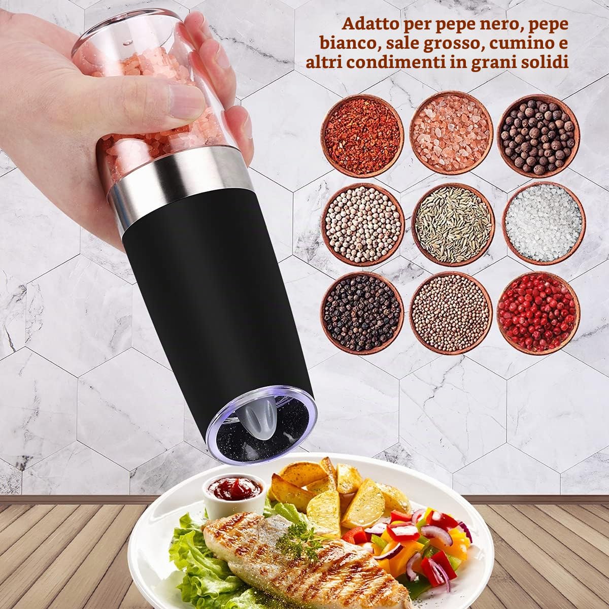 Macina Sale e Pepe Elettrico, Macina Pepe Elettrico Gravità Rettifica Automatica Macinapepe Elettrica con Grossolanità Regolabile per Sale Marino Spezie Shaker (Nero)