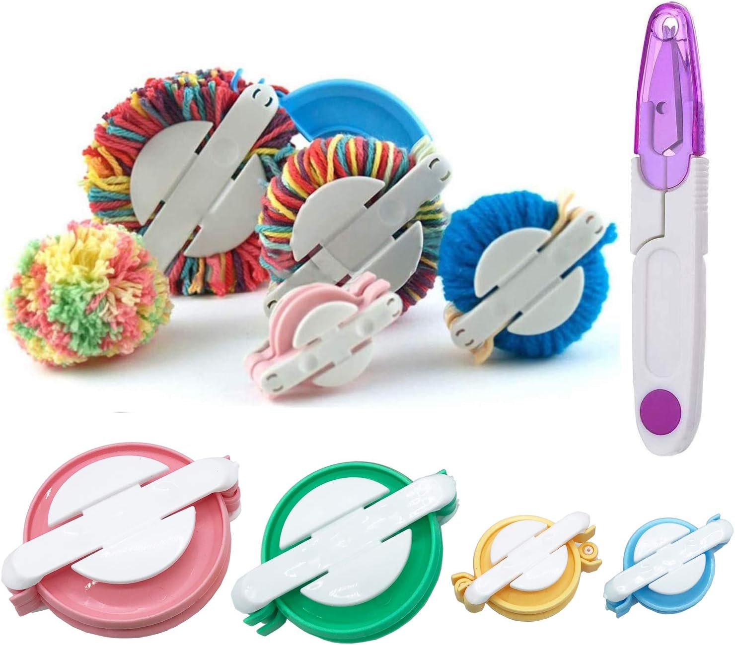 Wayion Pom Pom Maker Art DIY 4 Size Fluff Ball Bobble Weaver Needle Craft Knitting Wool Tool Kit with a Thread Cutter Scissors